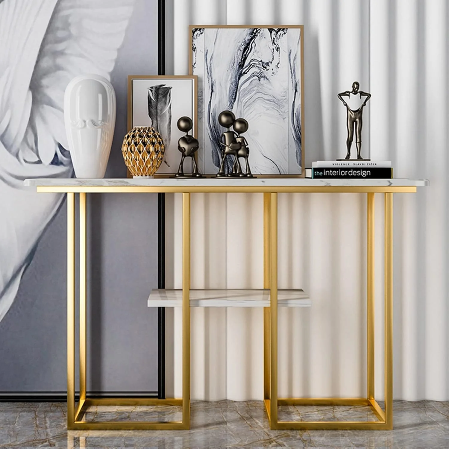 Sophisticated Console Table with Golden Frame and Marble Surface - Image 3