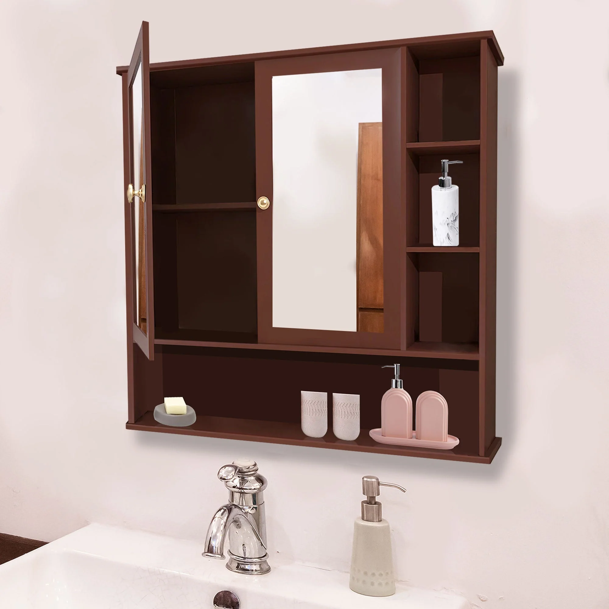 Space Saving Bathroom Mirror Cabinet with 6 Spacious Shelves with Wooden Brown Finish - Image 3