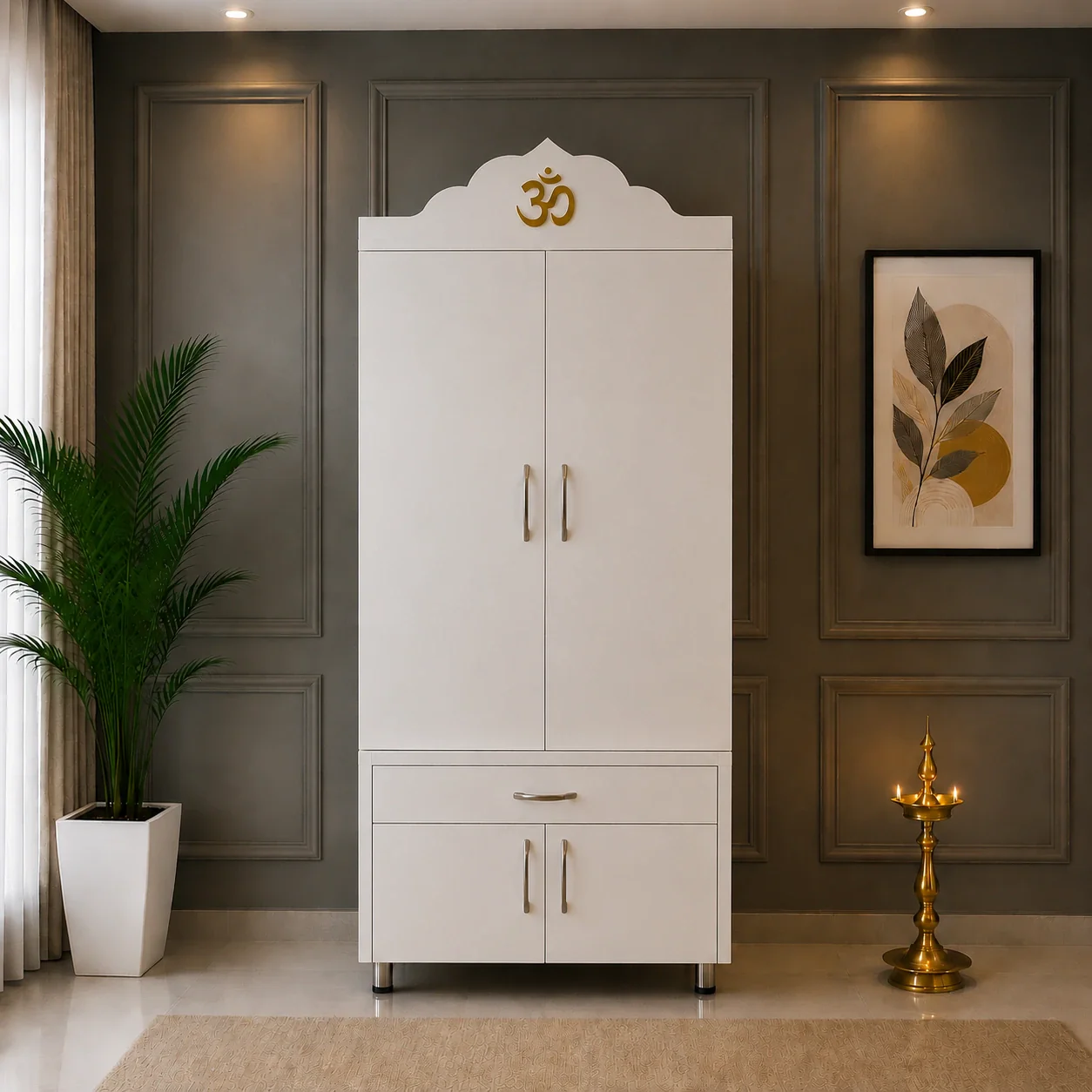 Space Saving Wooden Mandir with Om Doors & Storage Cabinet for Home - Image 3