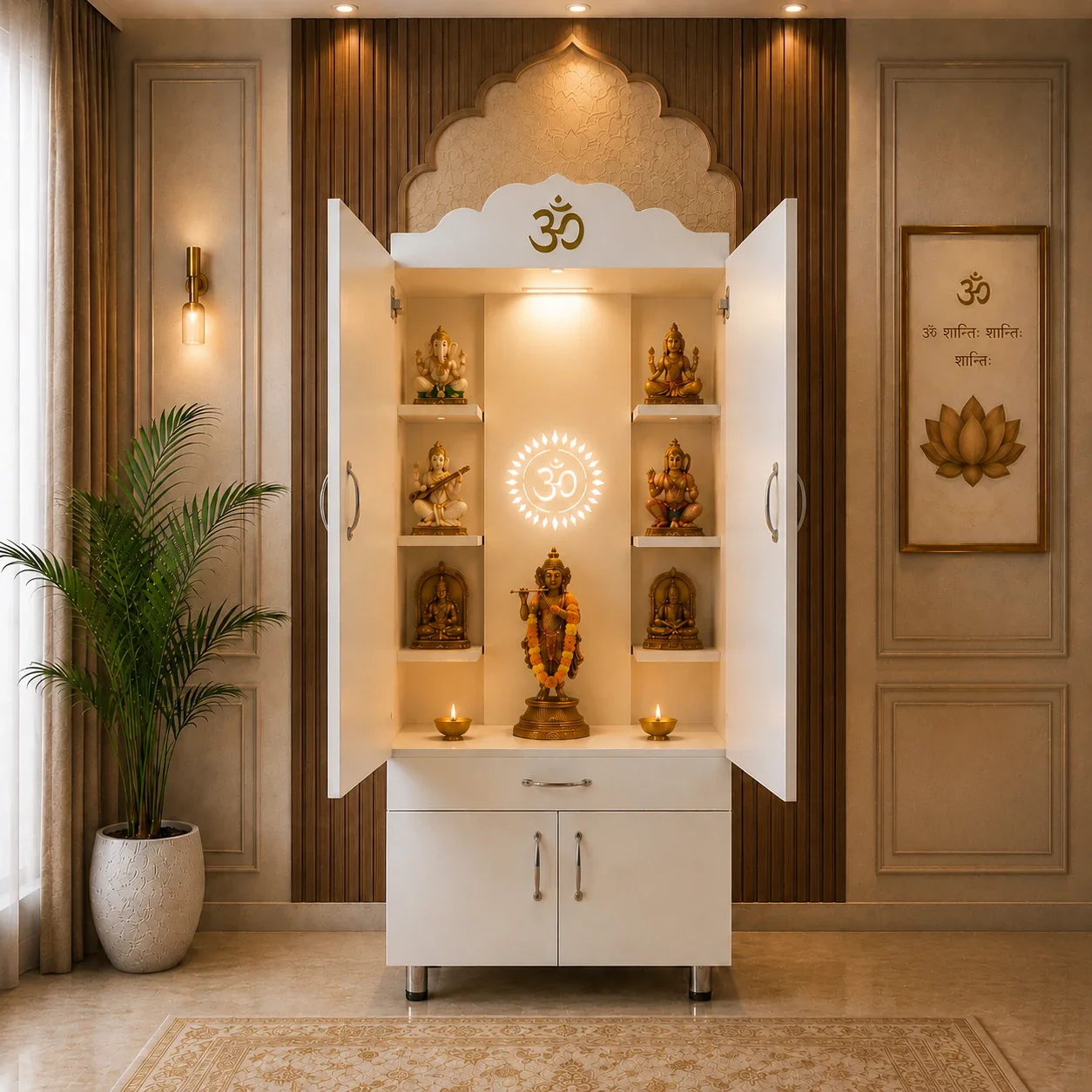 Space Saving Wooden Mandir with Om Doors & Storage Cabinet for Home - Image 4