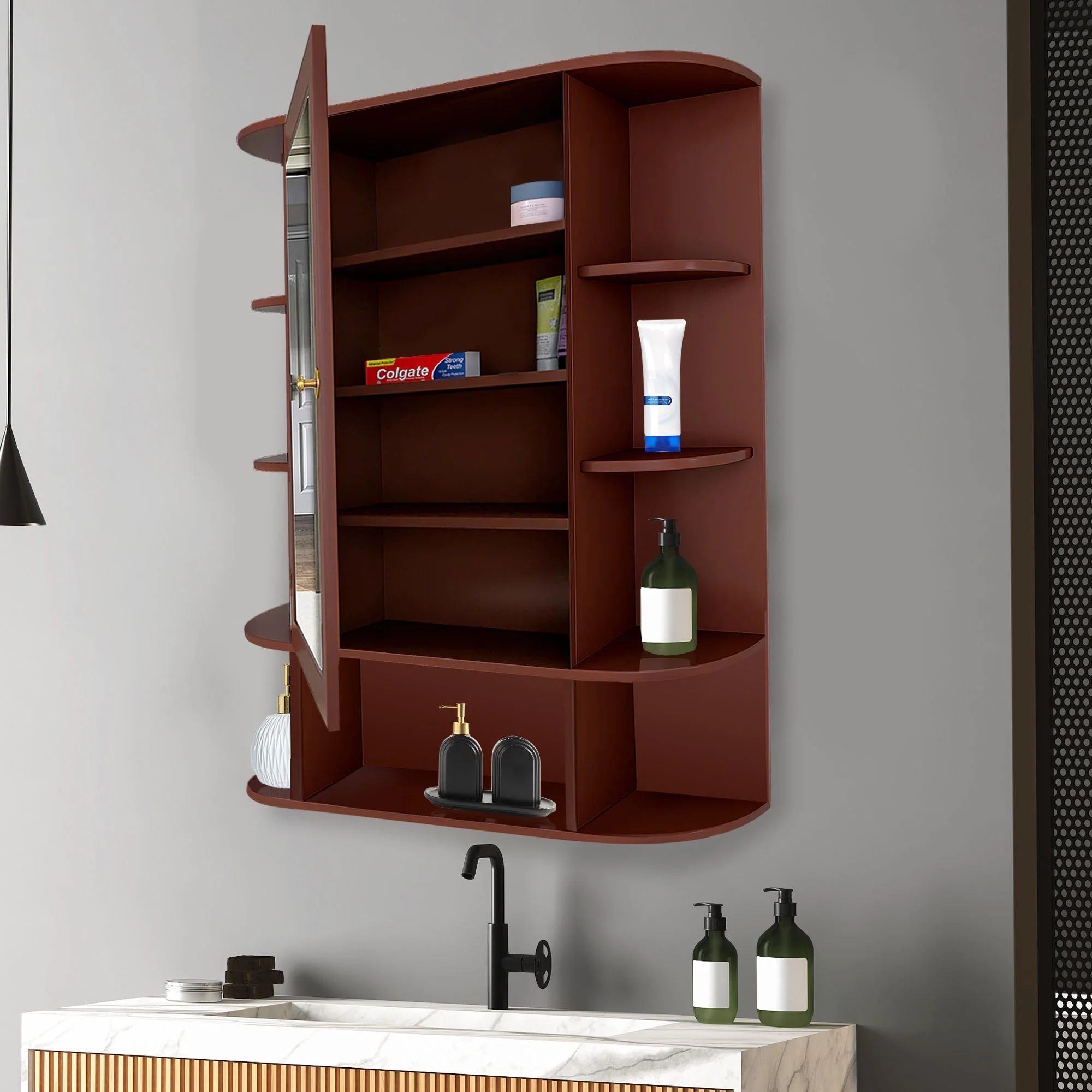 Spacious Wooden Bathroom Mirror Cabinet with 13 Shelves with Brown Finish - Image 3