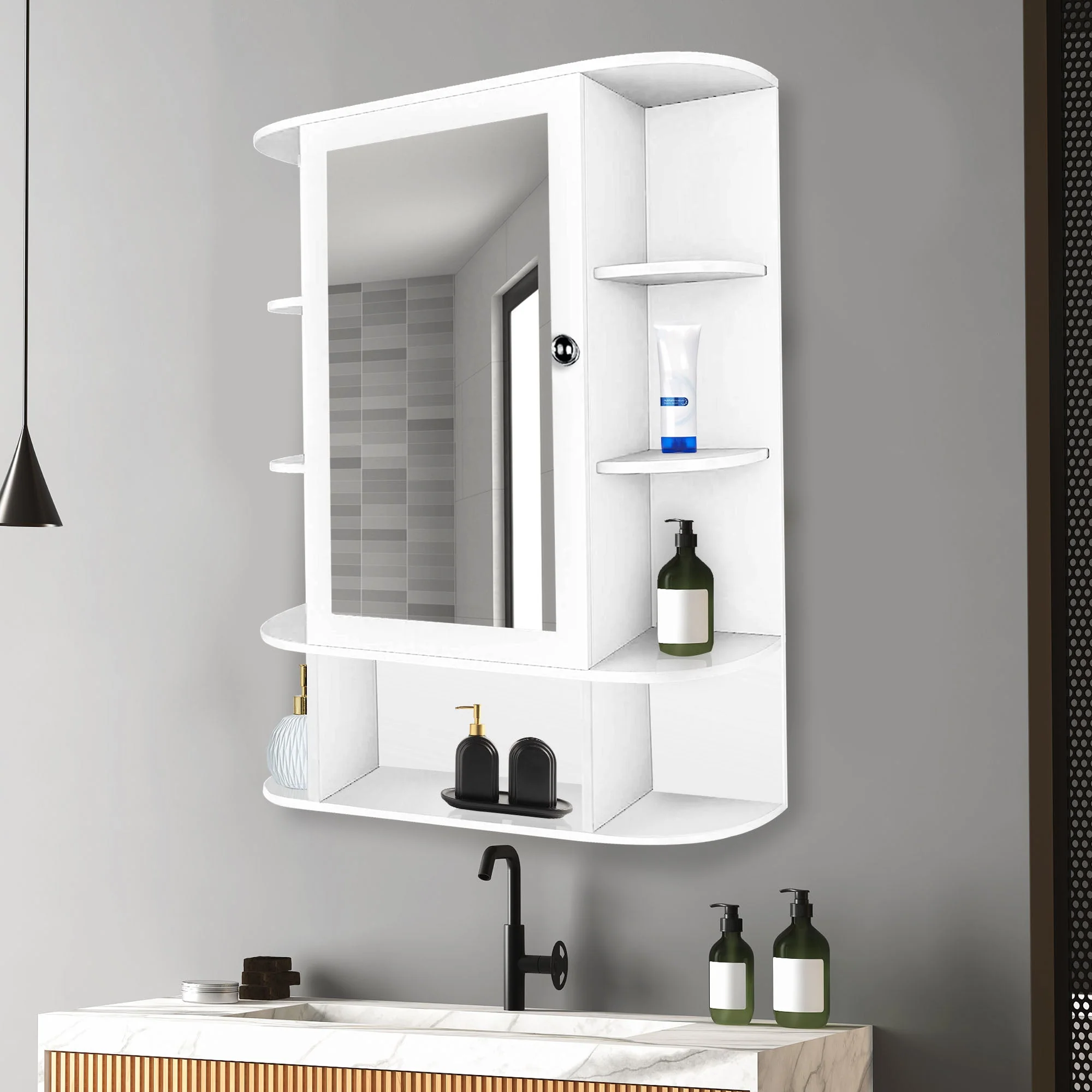Spacious Wooden Bathroom Mirror Cabinet with 13 Shelves with White Finish - Image 2