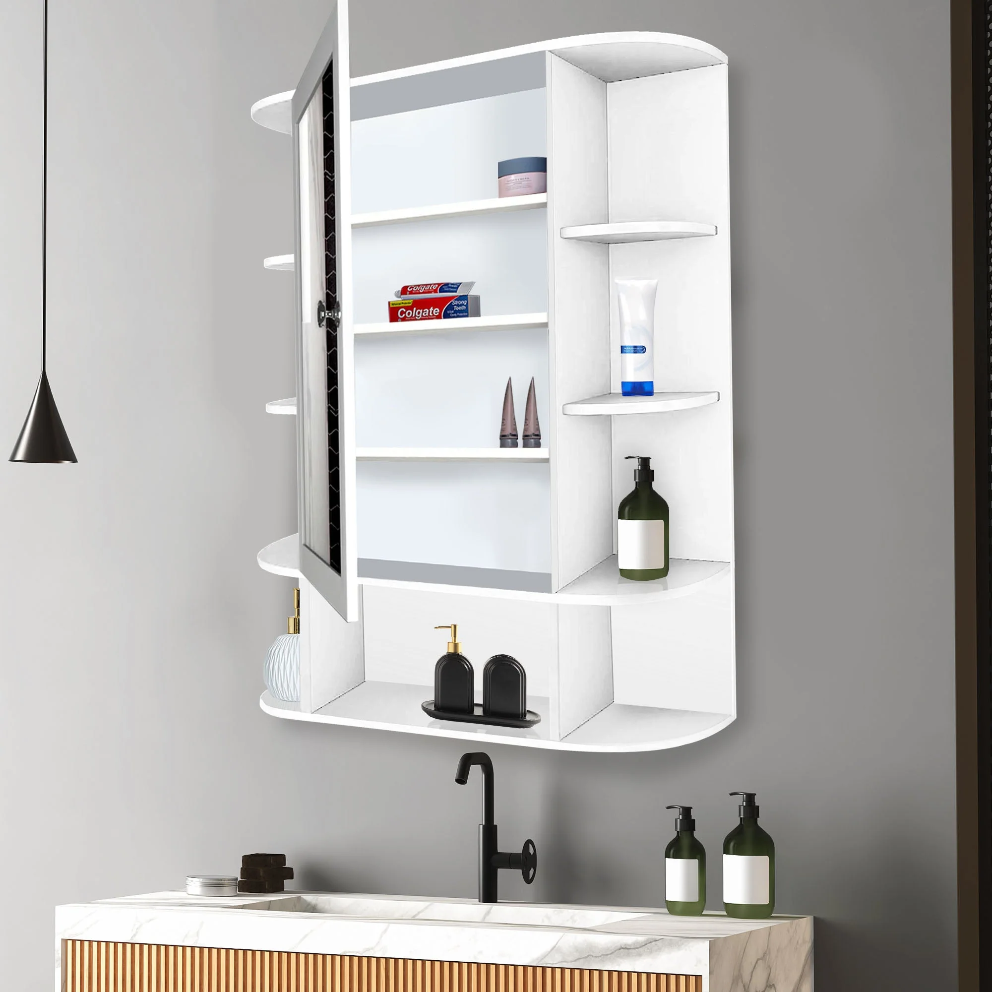 Spacious Wooden Bathroom Mirror Cabinet with 13 Shelves with White Finish - Image 3