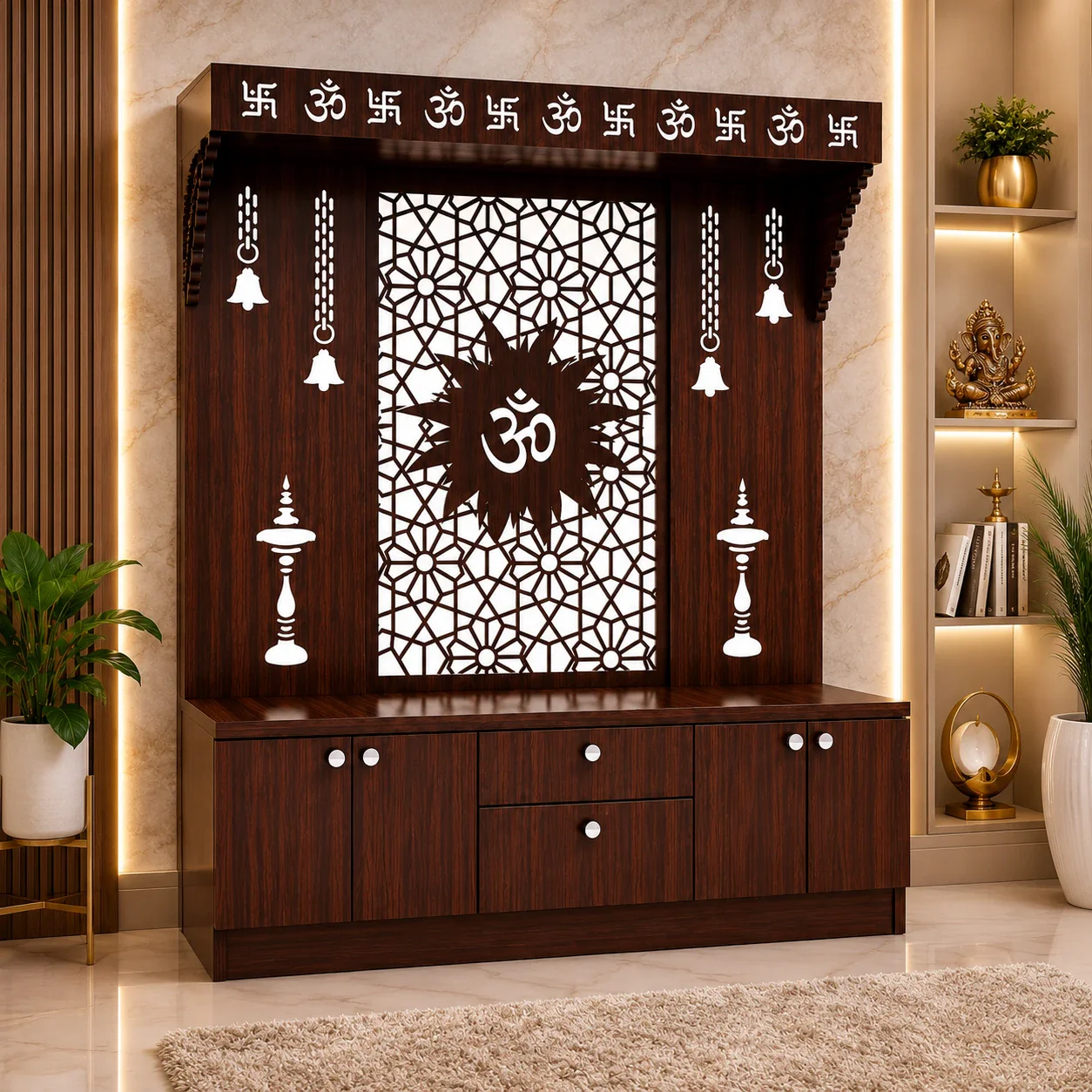 Spacious Wooden Pooja Mandir with Backlit Om Design and Storage - Image 5