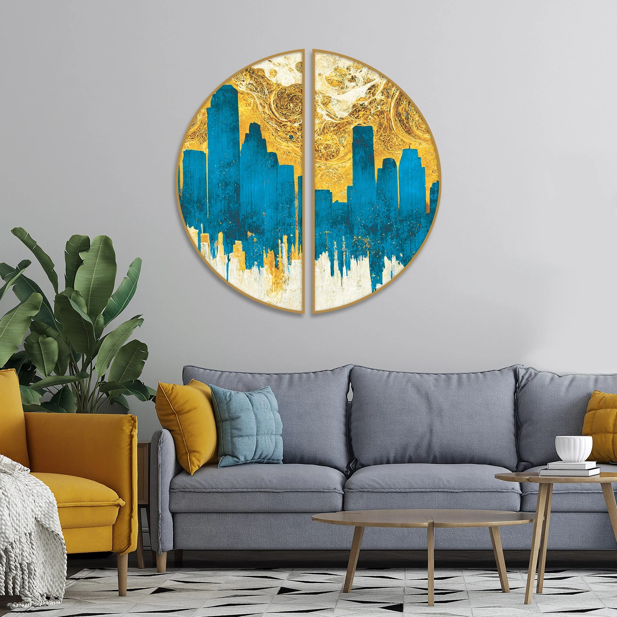 Spectacular Teal and Golden Abstract Cityscape Semi Circle Frames Set Of 2