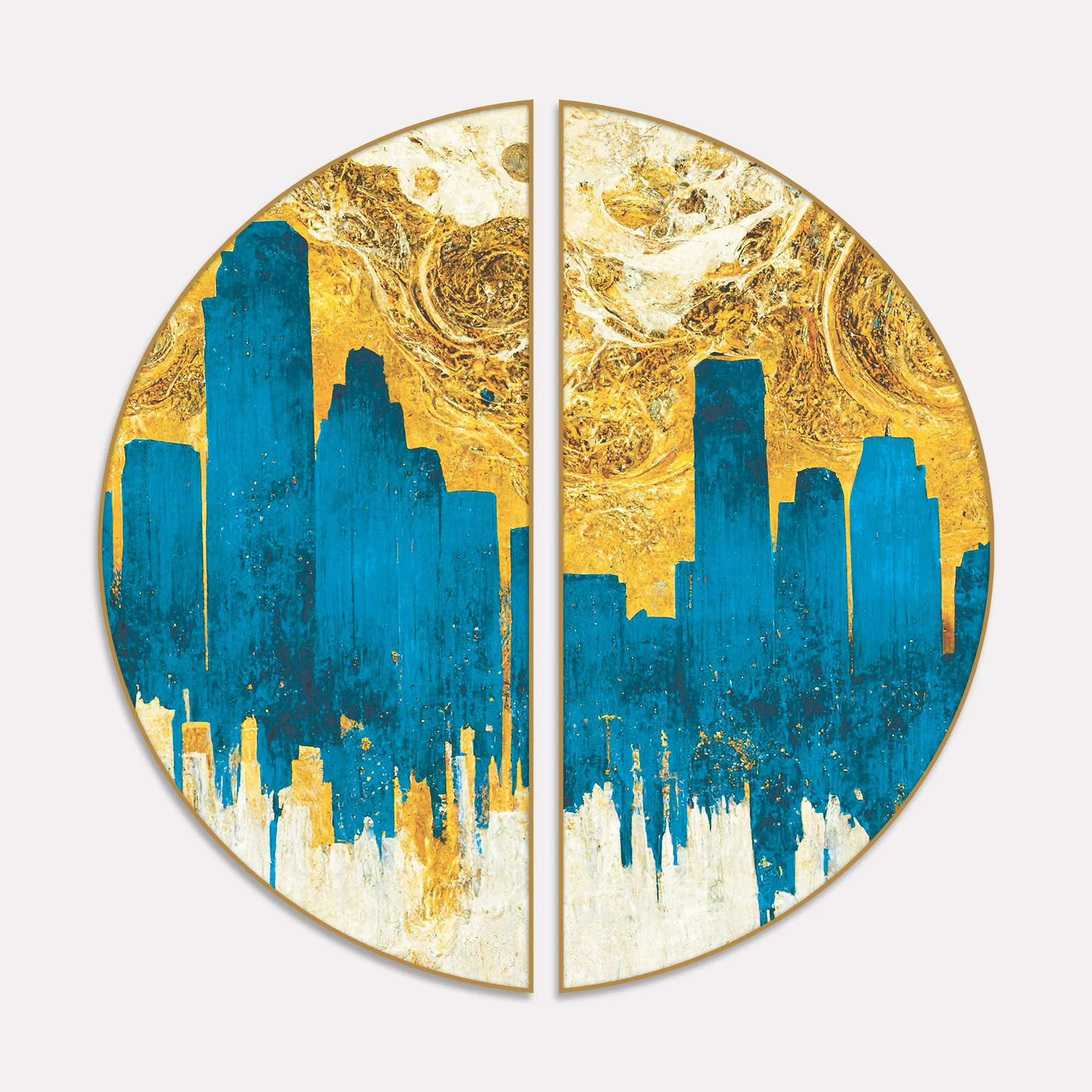 Spectacular Teal and Golden Abstract Cityscape Semi Circle Frames Set Of 2 - Image 2