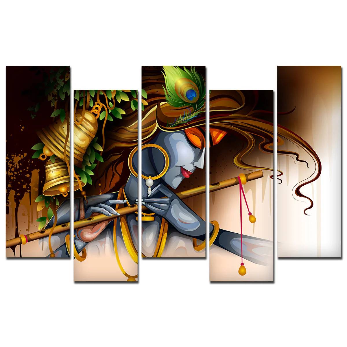 Spiritual 5 Pieces Premium Wall Painting of Lord Krishna Playing Bansuri - Image 4