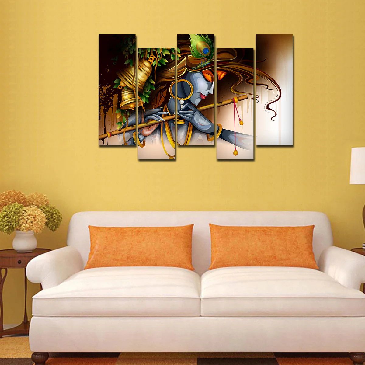 Spiritual 5 Pieces Premium Wall Painting of Lord Krishna Playing Bansuri - Image 3