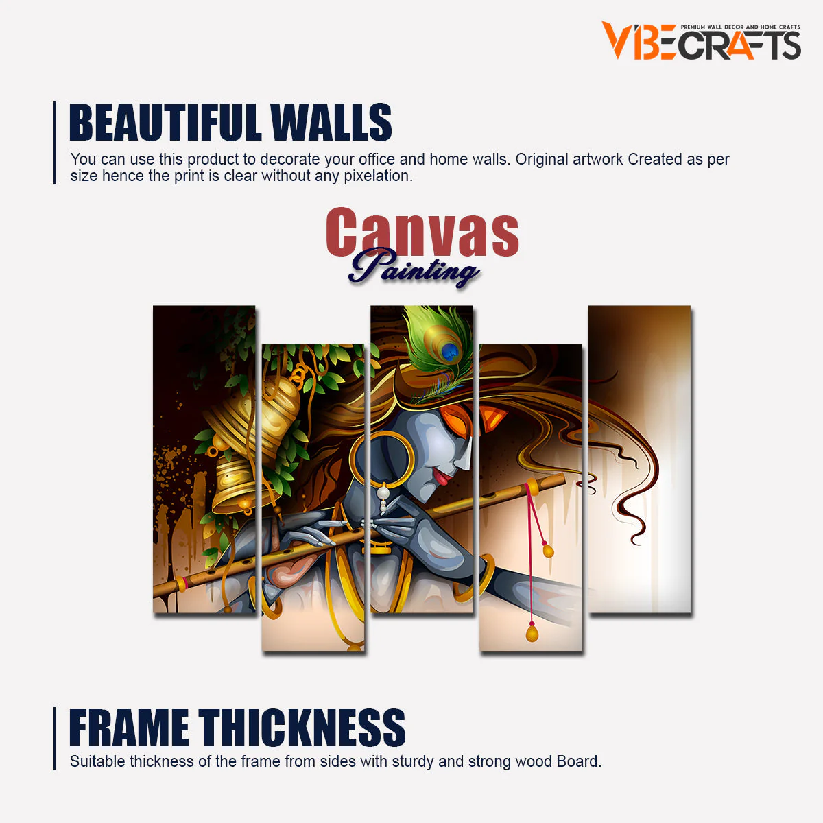 Spiritual 5 Pieces Premium Wall Painting of Lord Krishna Playing Bansuri - Image 5