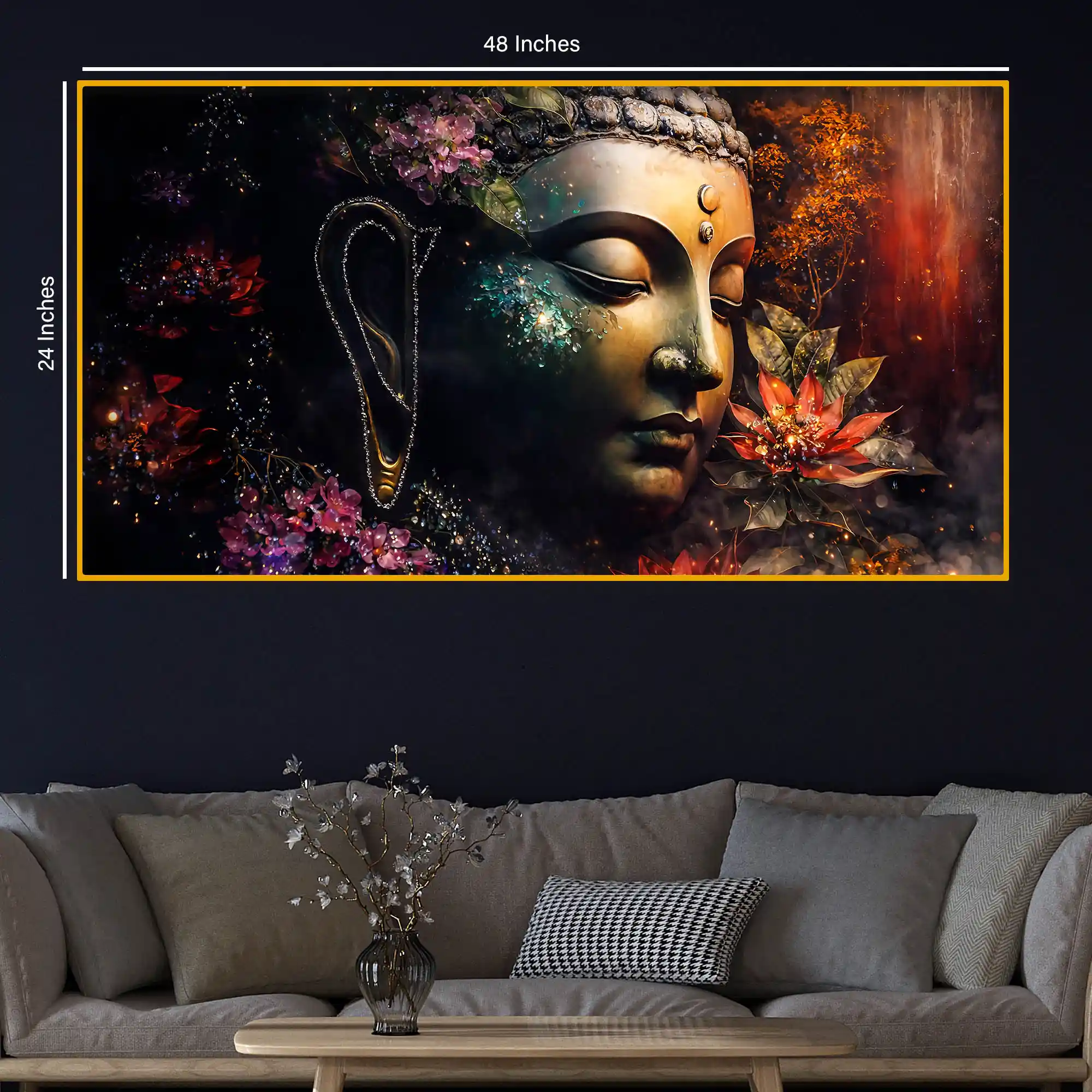 Spiritual Buddha Face with Artistic Floral Design Crystal Glass Wall Painting - Image 5