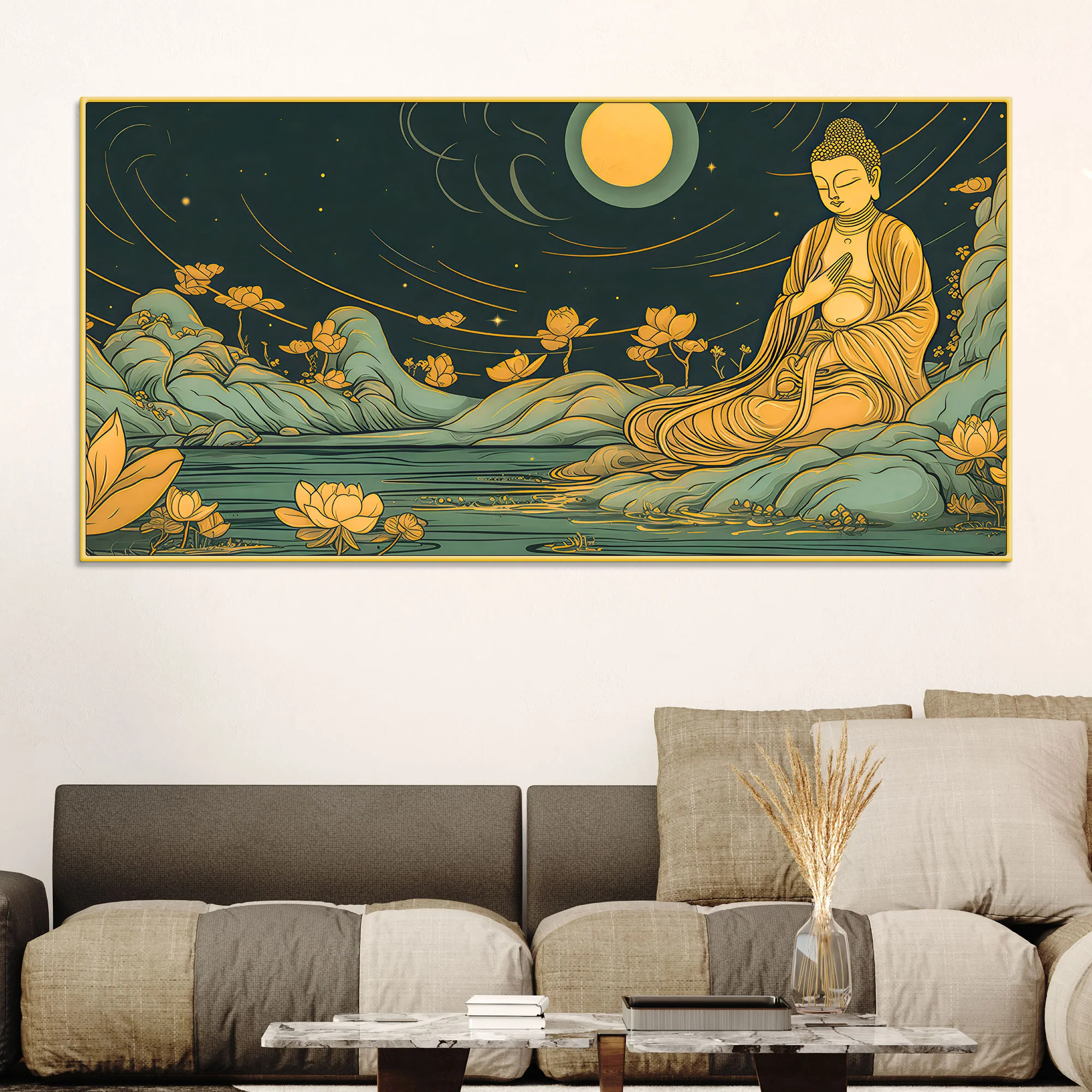 Spiritual Buddha Wall Painting with Lotus & Moonlight Scene