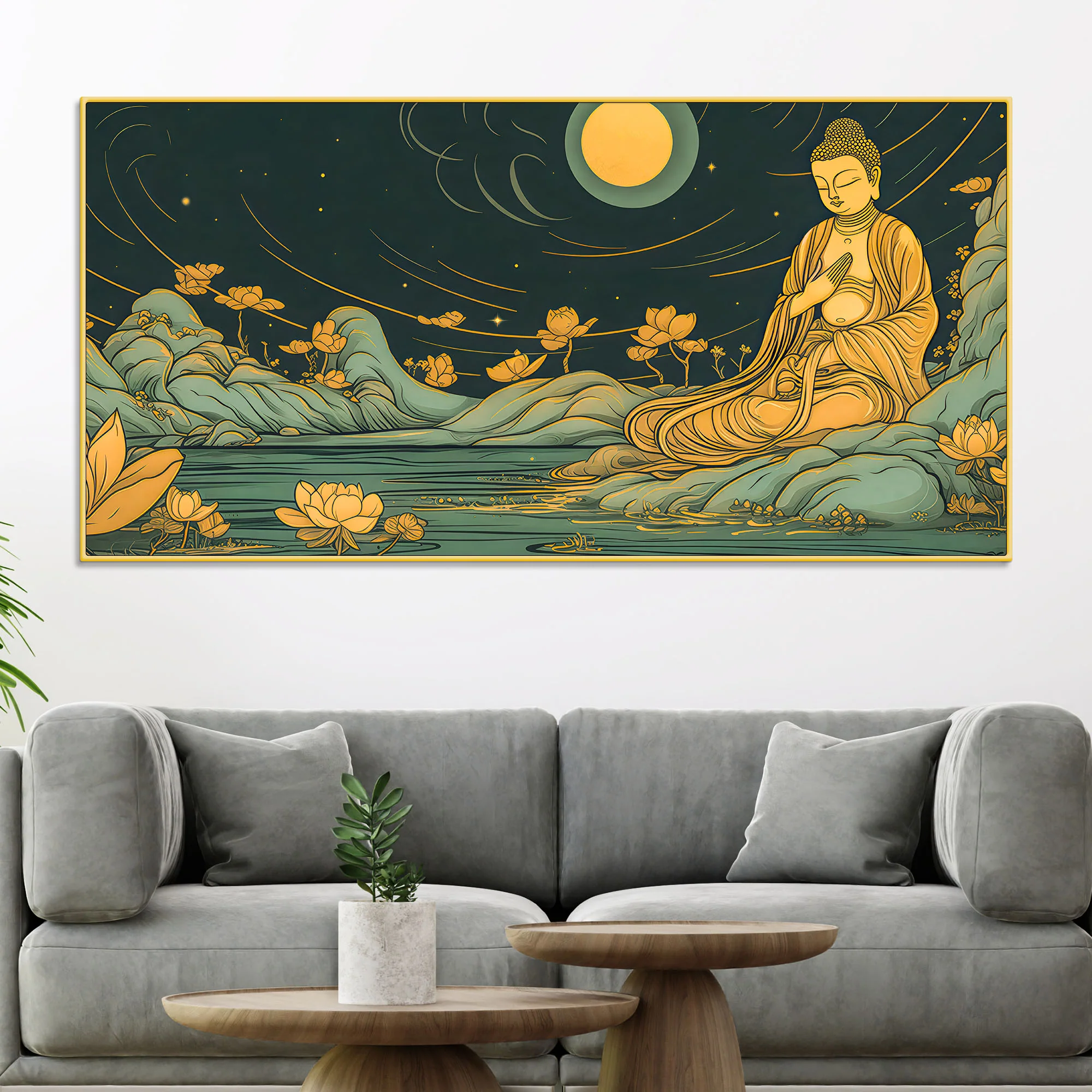 Spiritual Buddha Wall Painting with Lotus & Moonlight Scene - Image 2