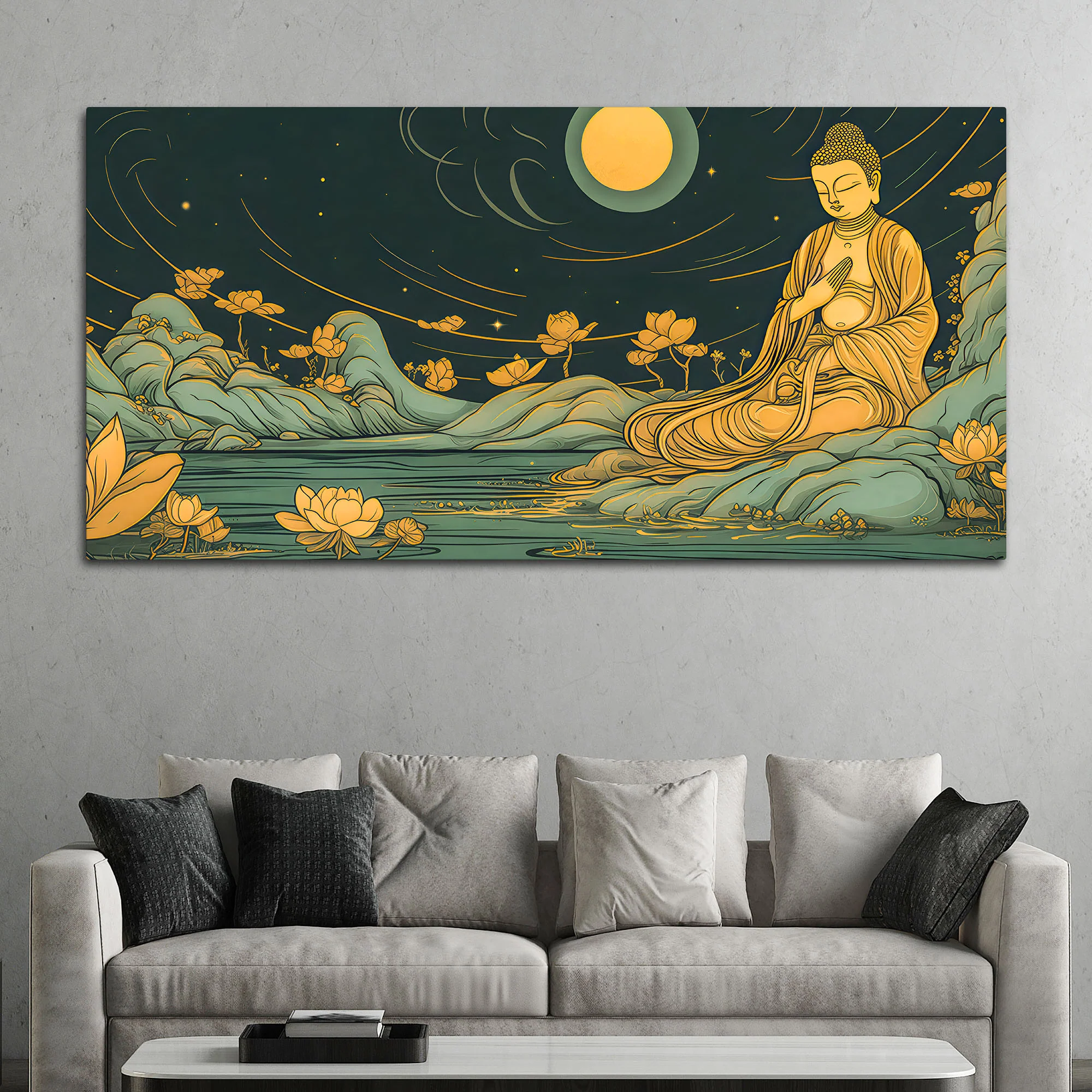 Spiritual Buddha Wall Painting with Lotus & Moonlight Scene - Image 3