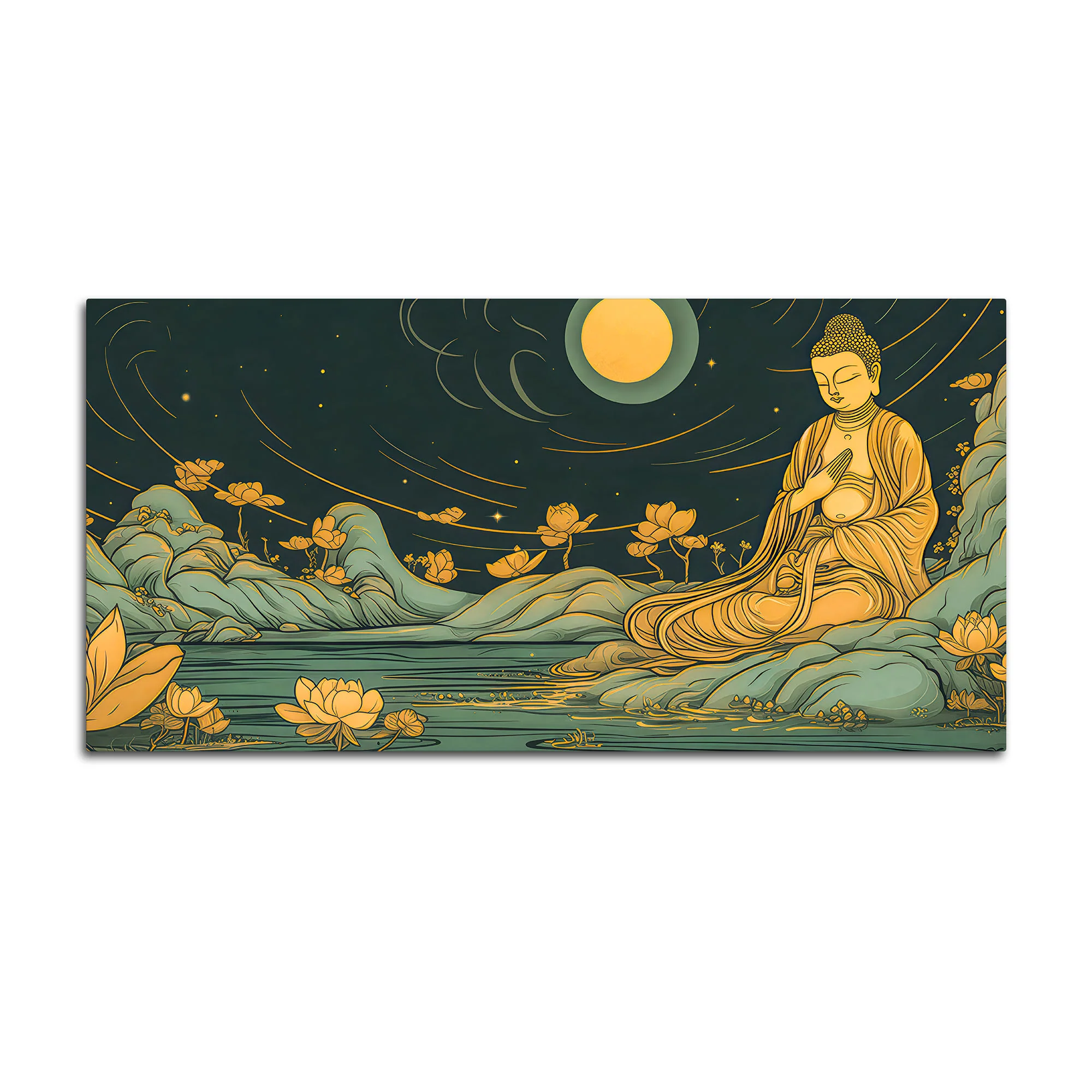 Spiritual Buddha Wall Painting with Lotus & Moonlight Scene - Image 4