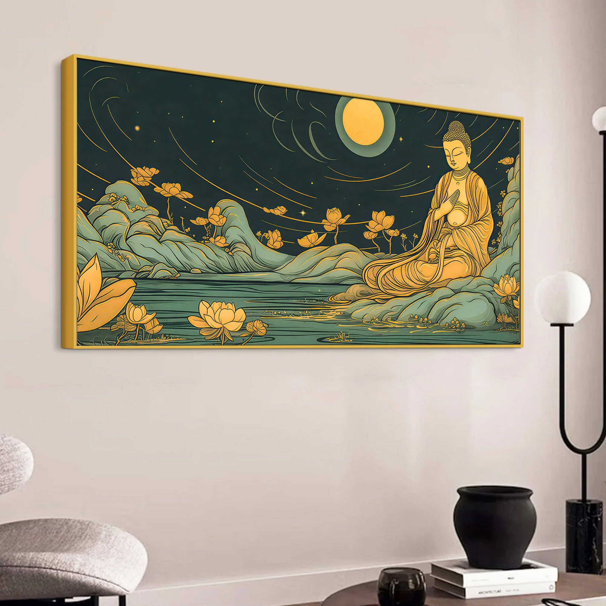 Spiritual Buddha Wall Painting with Lotus & Moonlight Scene - Image 5