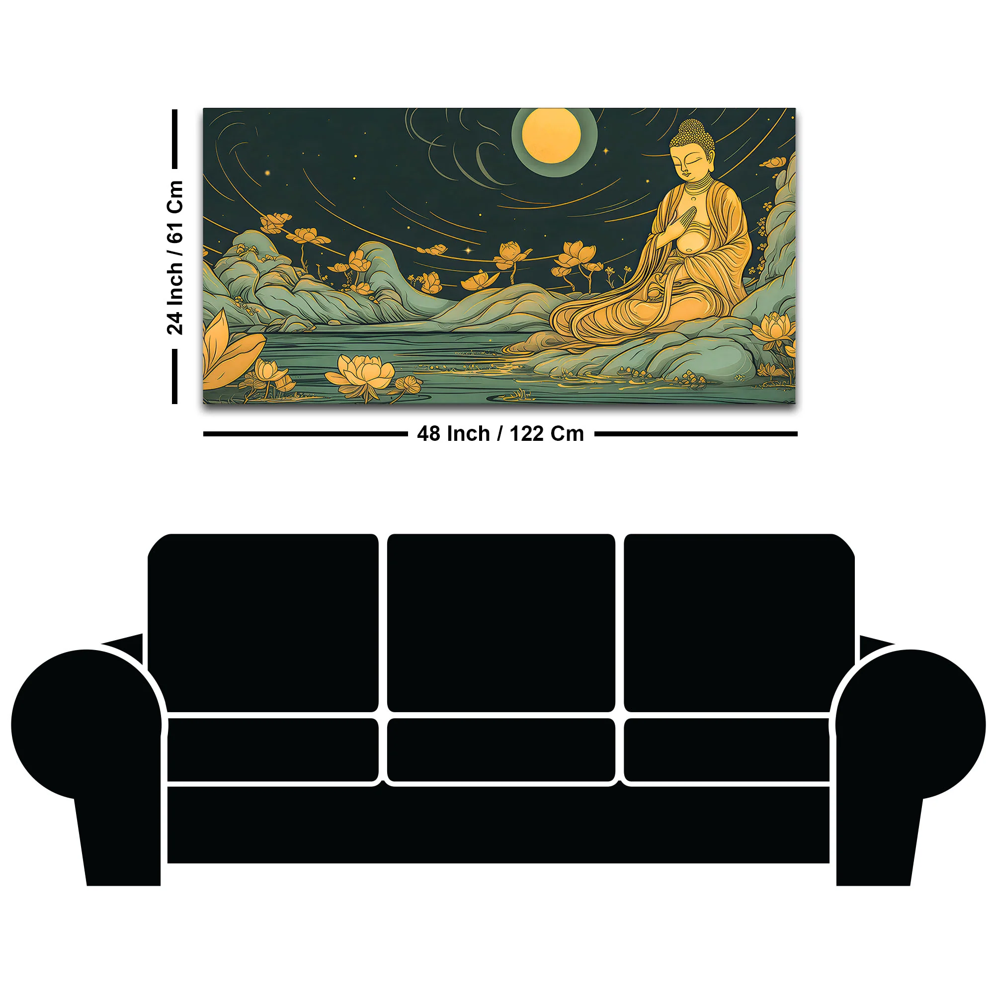 Spiritual Buddha Wall Painting with Lotus & Moonlight Scene - Image 8