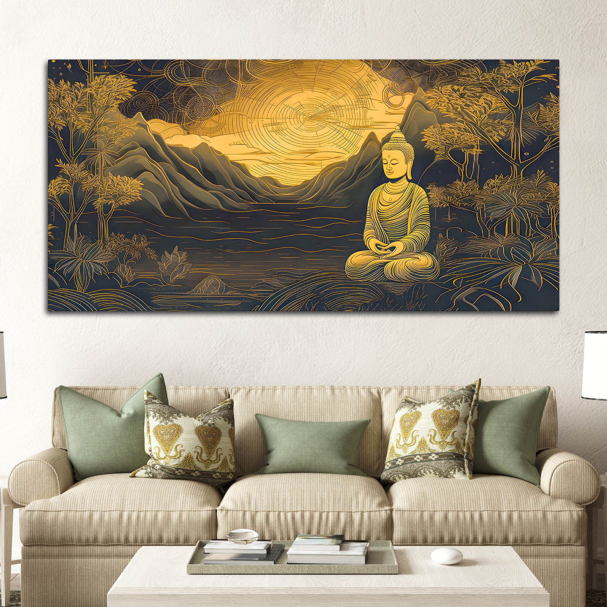 Spiritual Buddha Wall Painting with Mountain & Nature Design - Image 3
