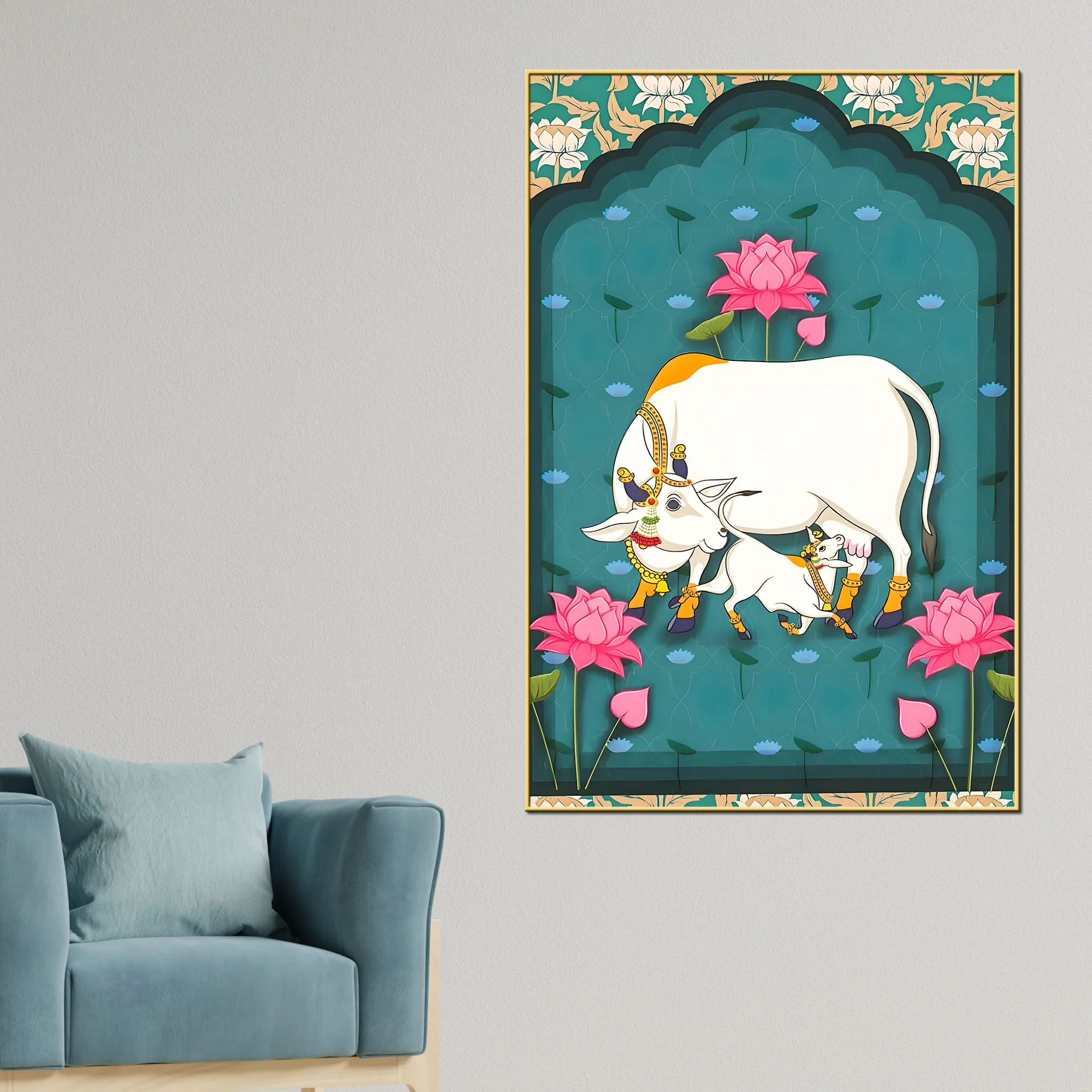 Spiritual Cow and Calf Lotus Garden Canvas Wall Painting