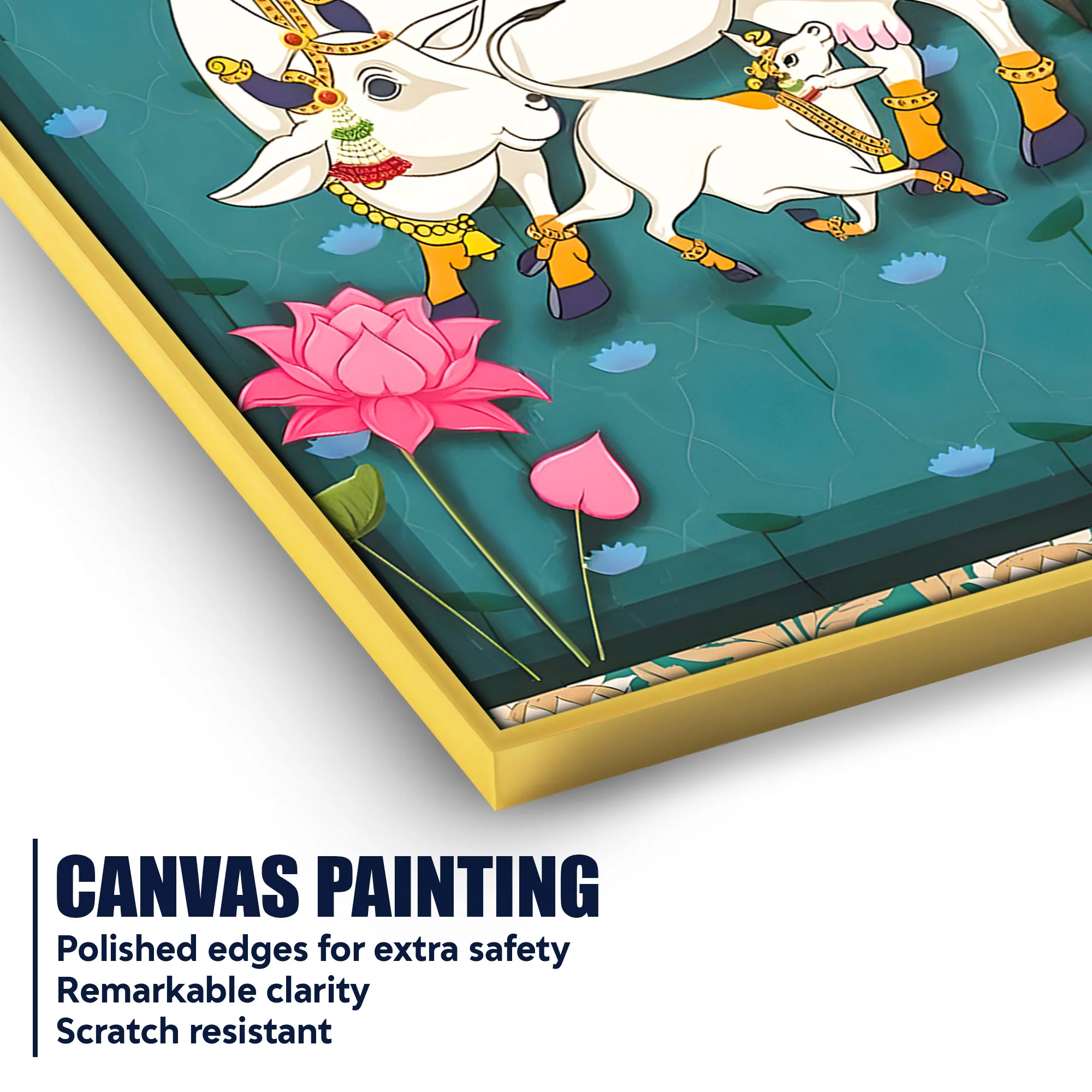 Spiritual Cow and Calf Lotus Garden Canvas Wall Painting - Image 4
