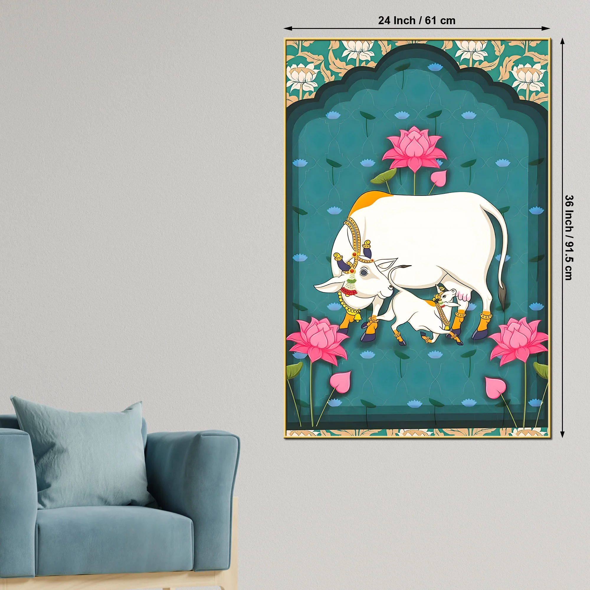 Spiritual Cow and Calf Lotus Garden Canvas Wall Painting - Image 5