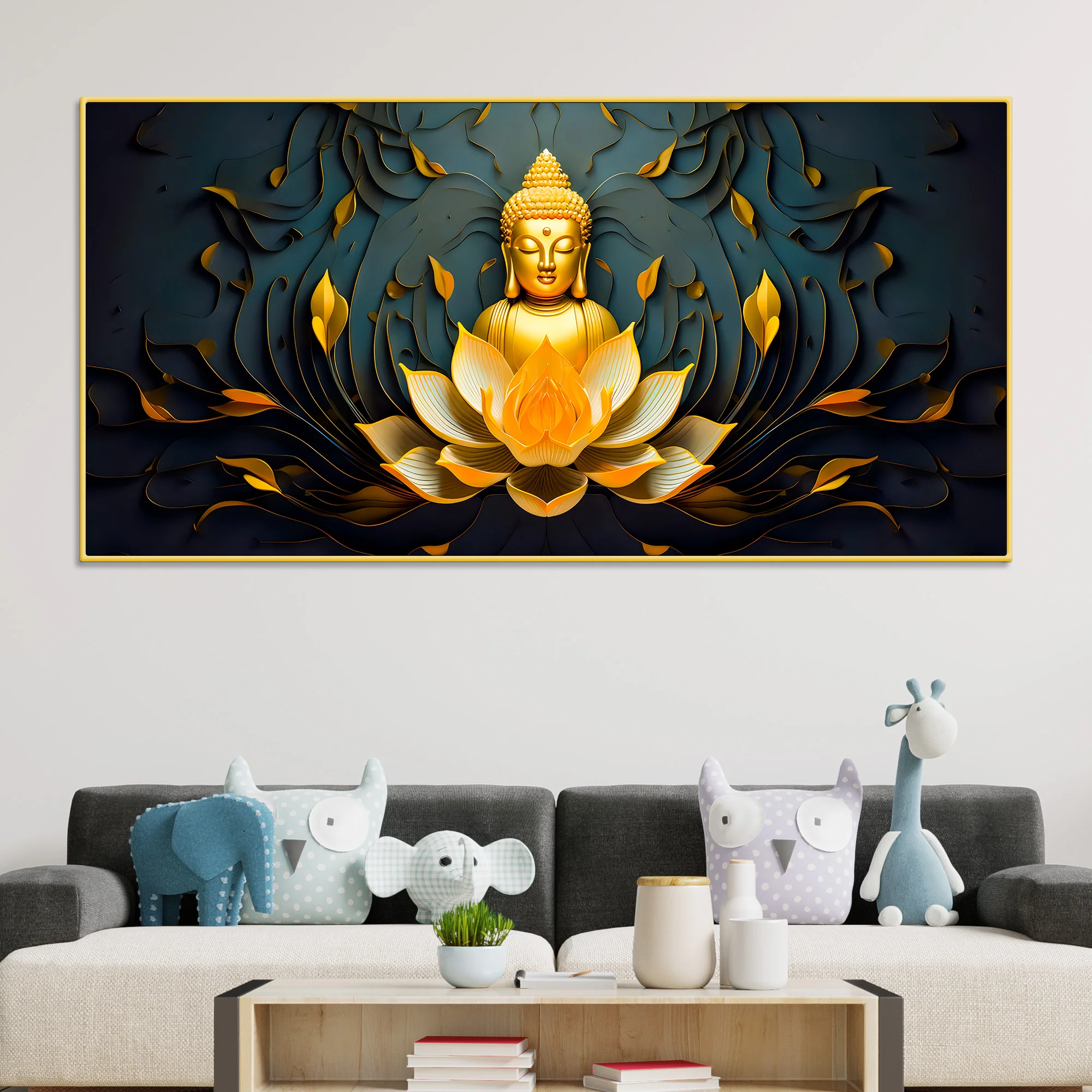 Spiritual Gautam Buddha Canvas Painting with Lotus Base