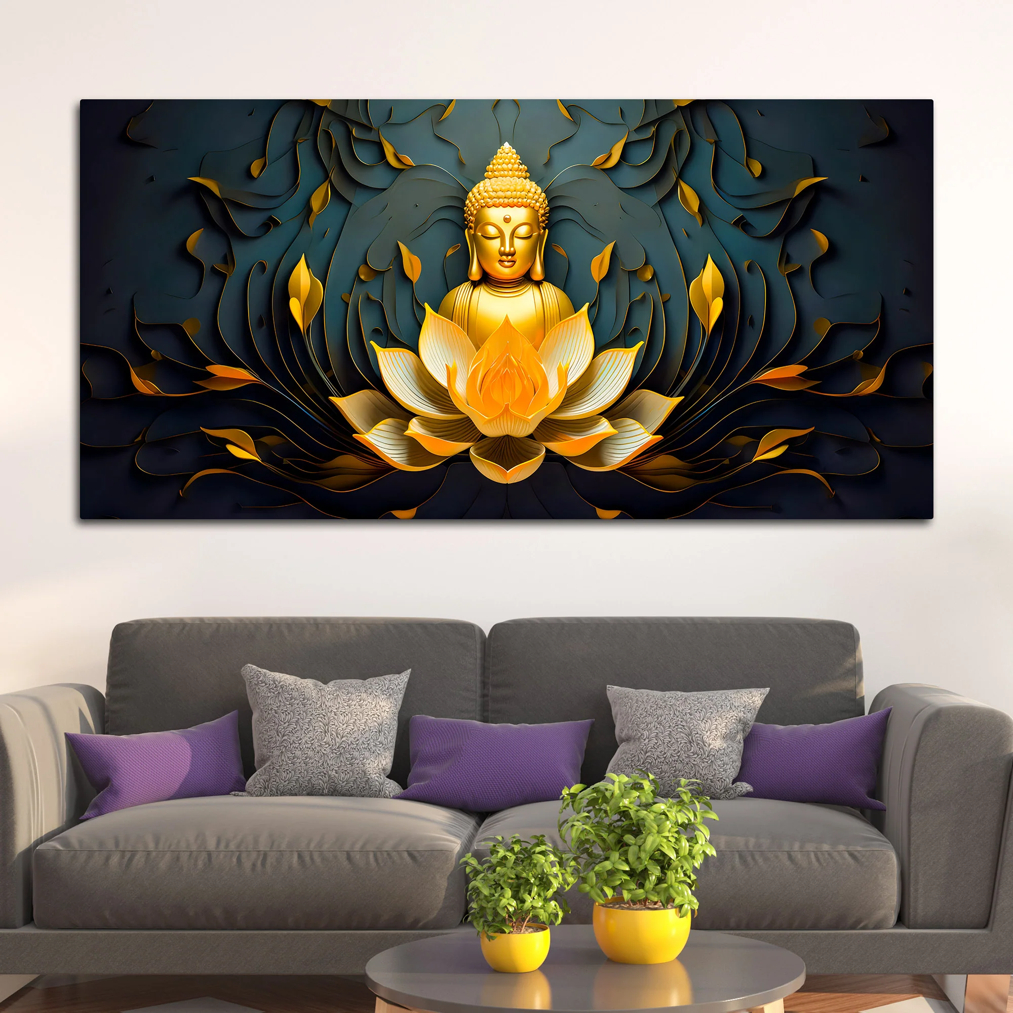 Spiritual Gautam Buddha Canvas Painting with Lotus Base - Image 3