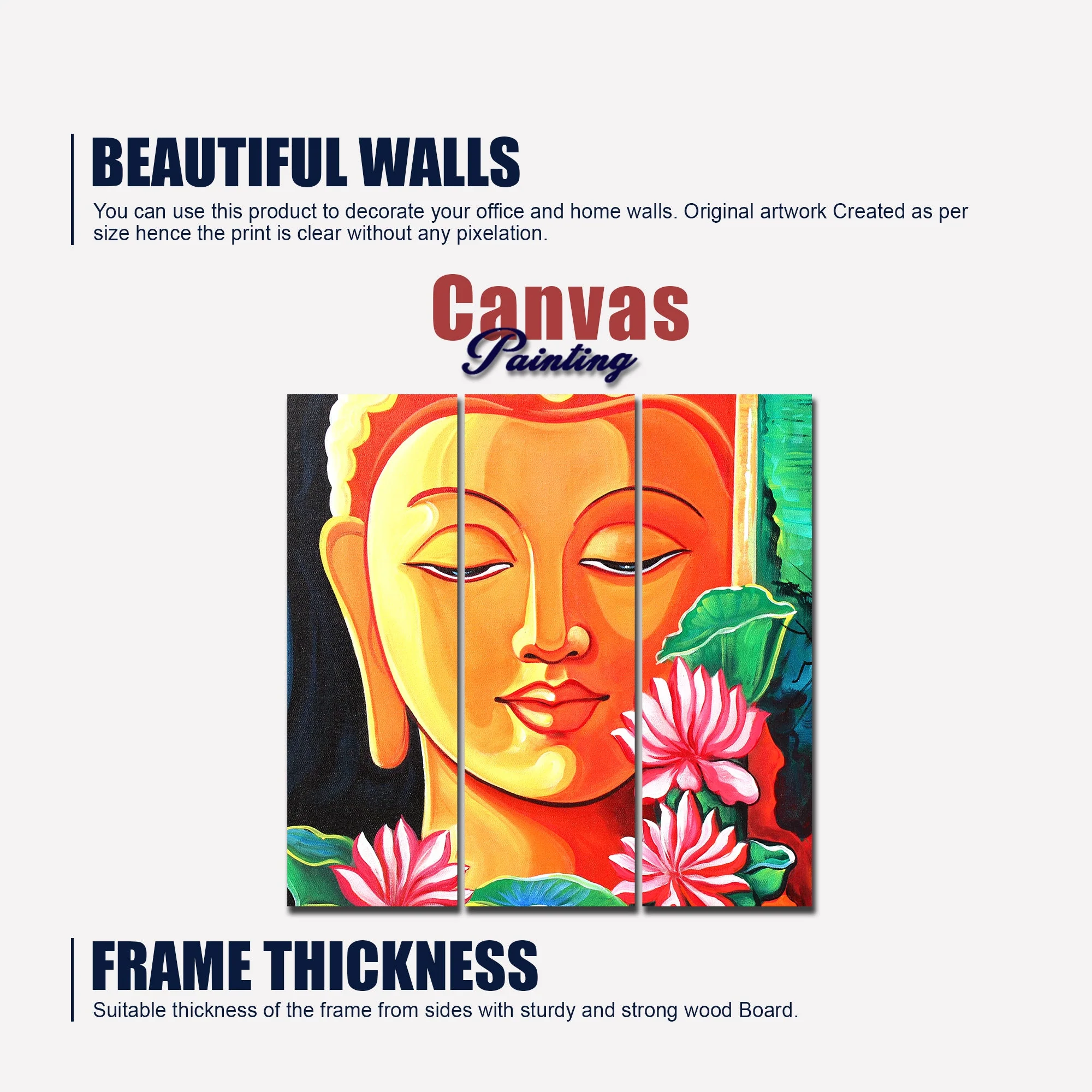 Spiritual Gautam Buddha Wall Painting of Three Pieces - Image 6