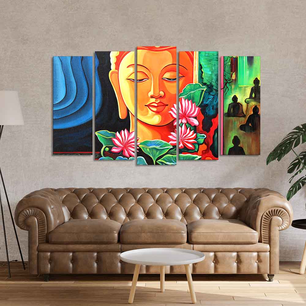 Spiritual Gautam Buddha Wall Painting Set of Five Pieces - Image 3