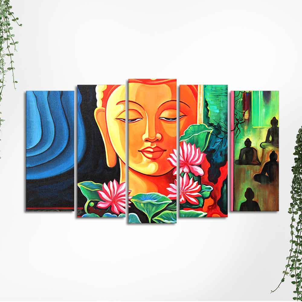 Spiritual Gautam Buddha Wall Painting Set of Five Pieces - Image 5