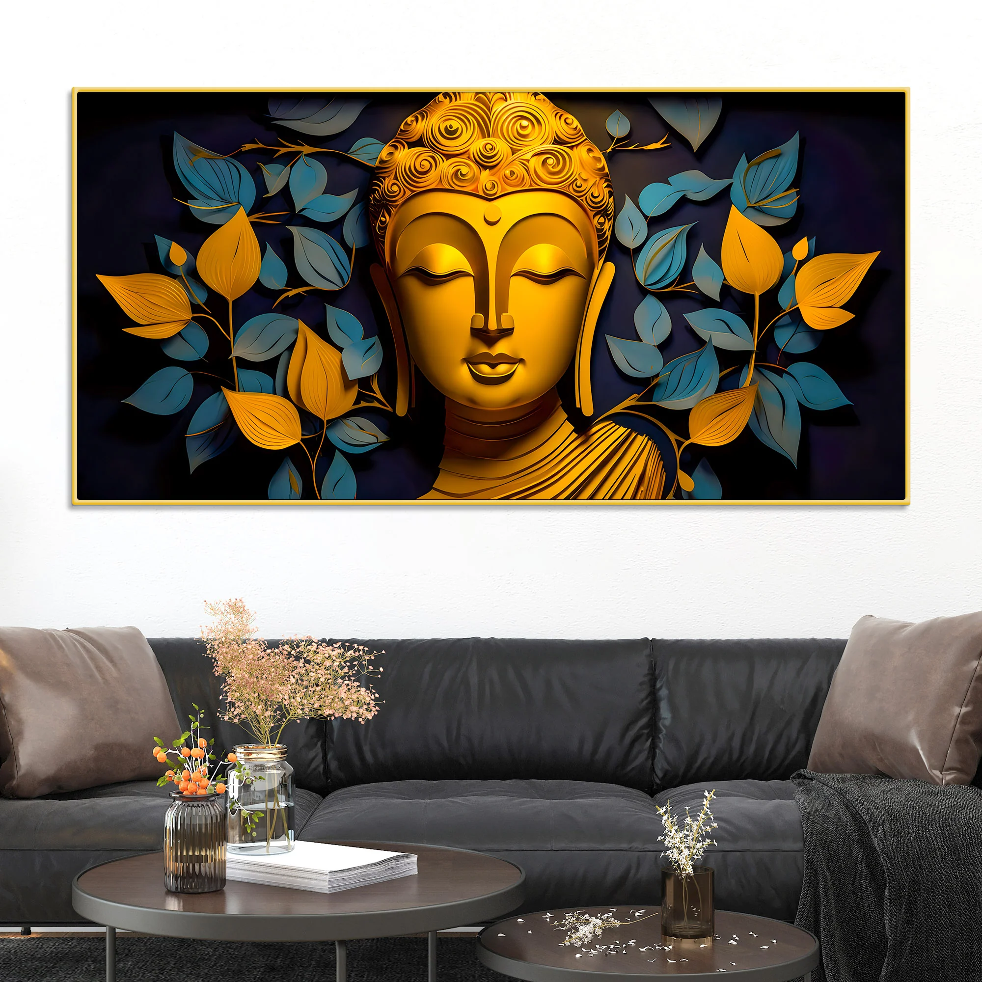 Spiritual Gautam Buddha Wall Painting with Elegant Leaf Art