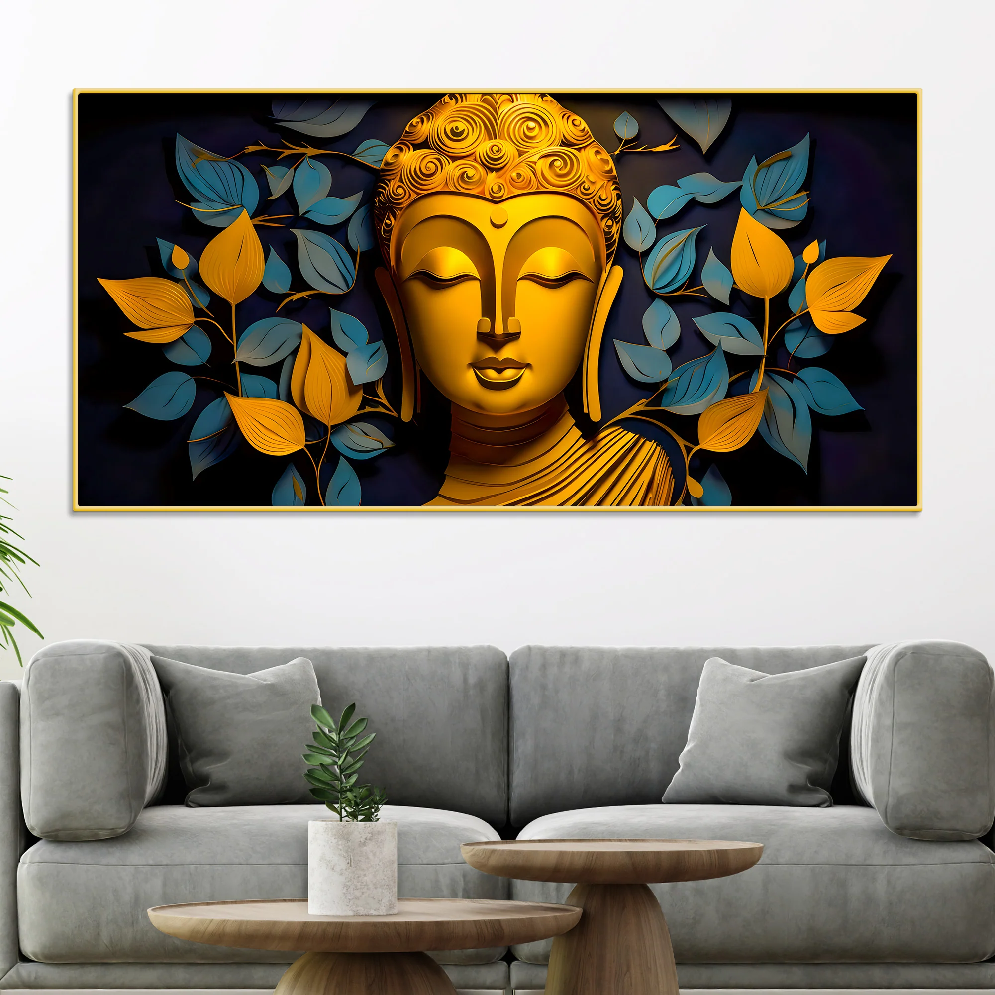 Spiritual Gautam Buddha Wall Painting with Elegant Leaf Art - Image 2