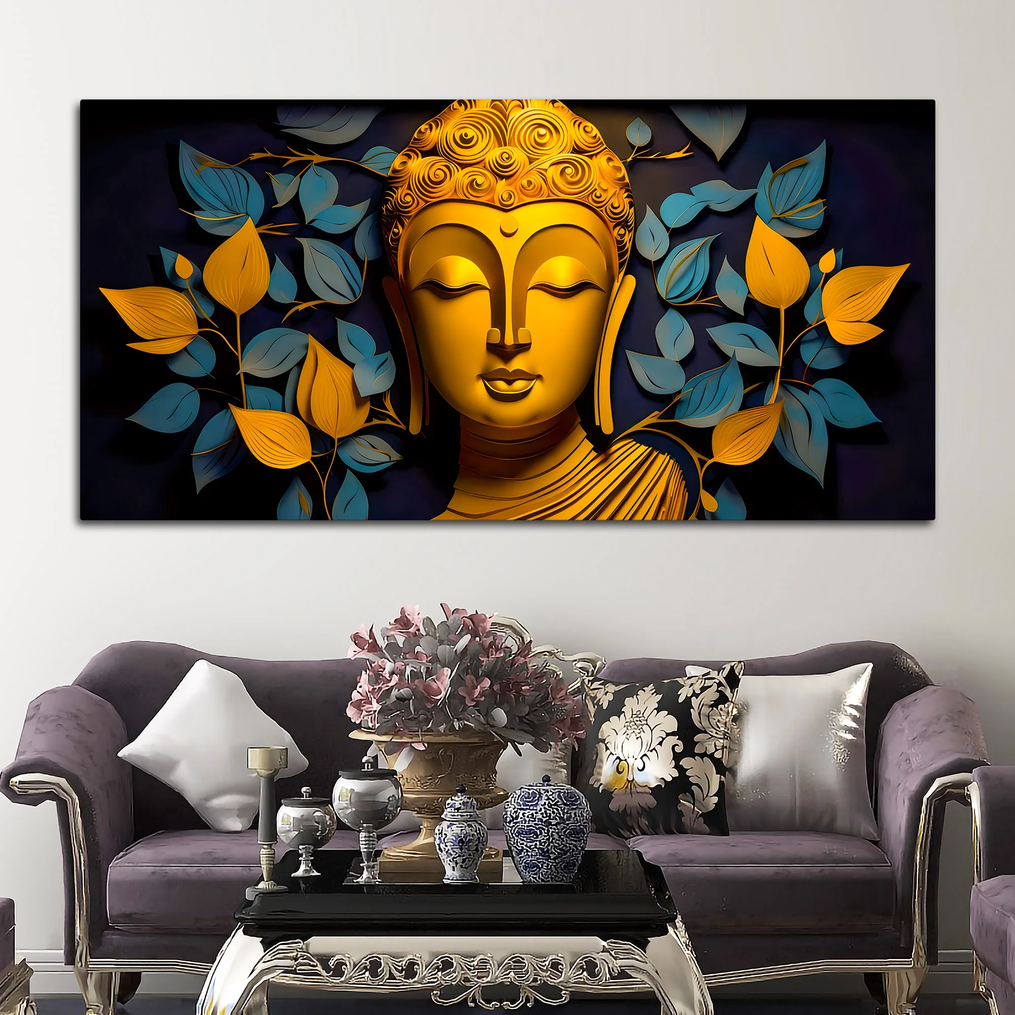 Spiritual Gautam Buddha Wall Painting with Elegant Leaf Art - Image 3