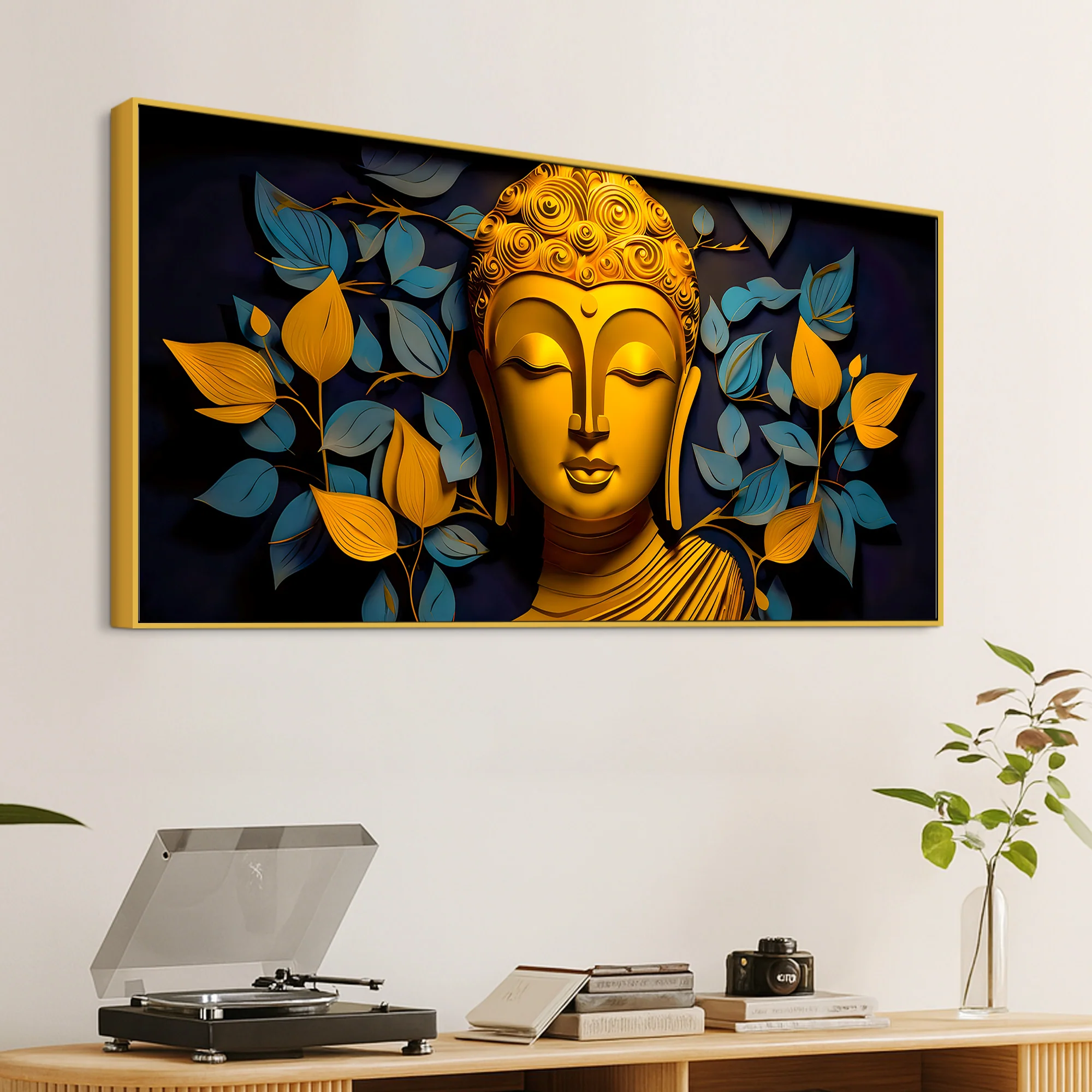 Spiritual Gautam Buddha Wall Painting with Elegant Leaf Art - Image 5