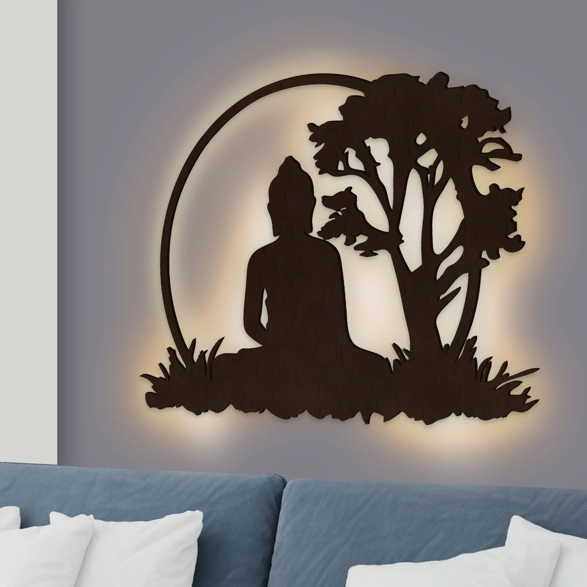 Spiritual God Buddha Art Backlit Wooden Wall Hanging with LED Night Light Walnut Finish - Image 2