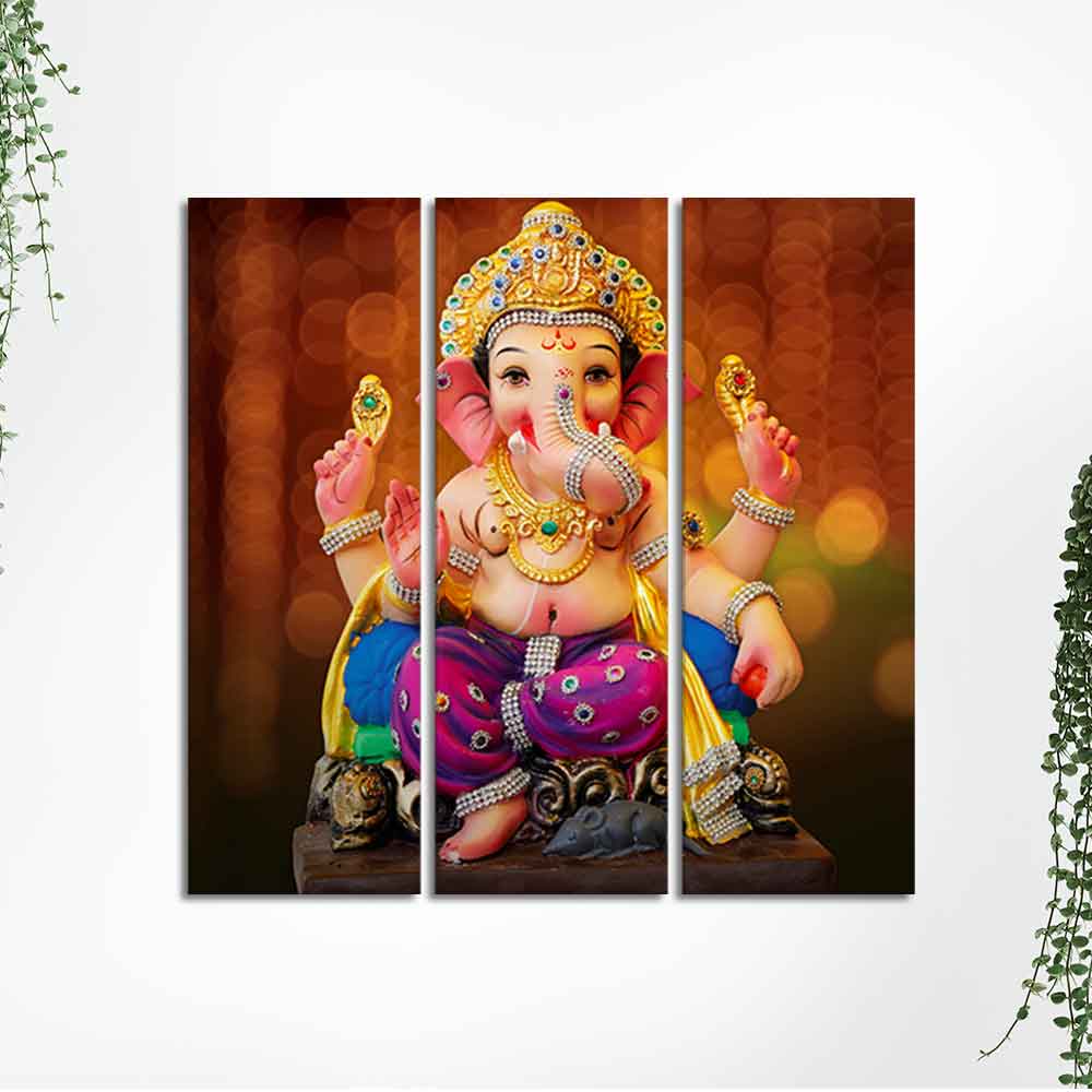 Spiritual God Ganesha Wall Painting of Three Panels - Image 5