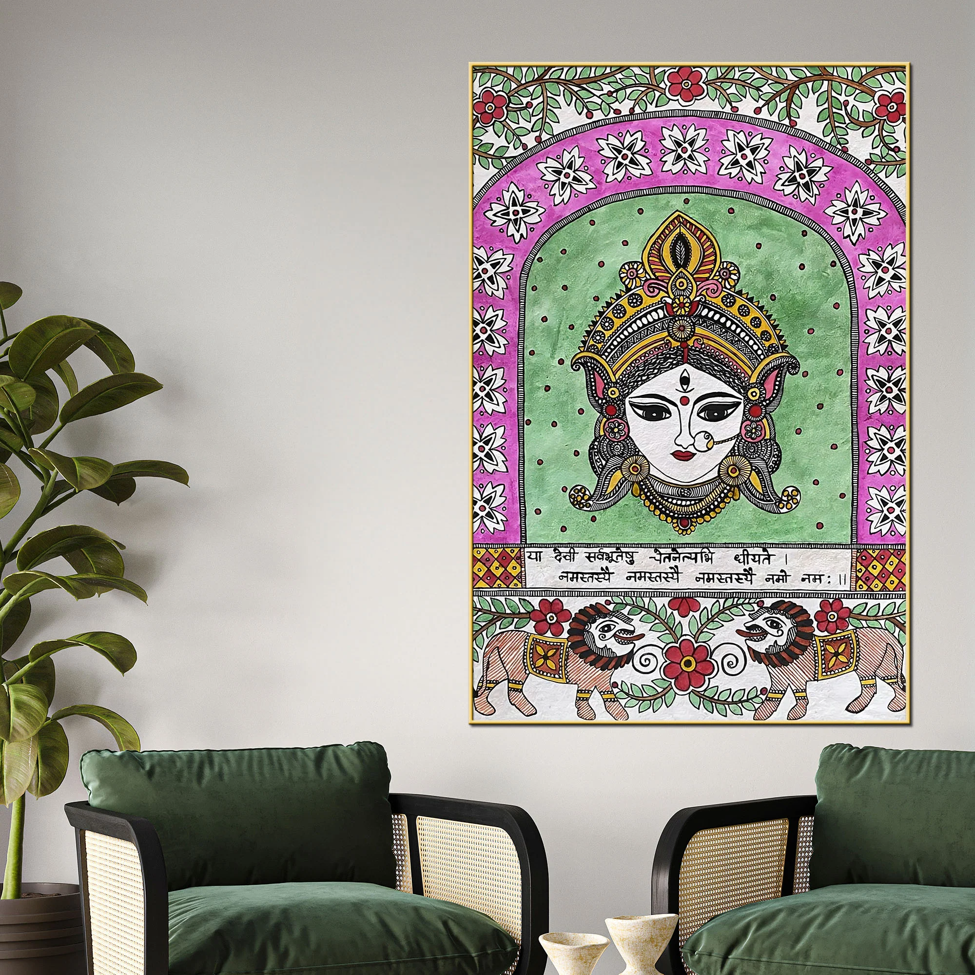 Spiritual Goddess Durga Madhubani Canvas Wall Painting - Image 2