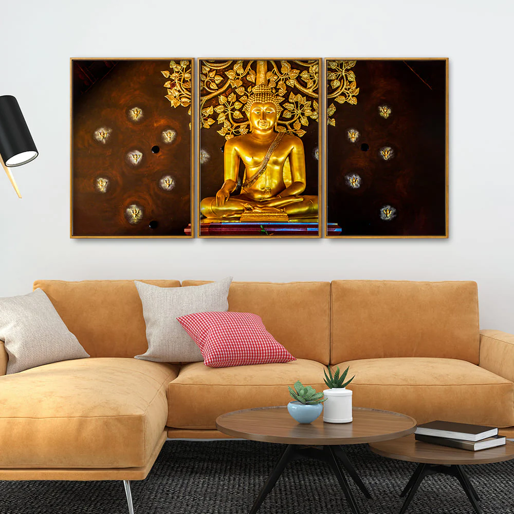 Spiritual Golden Gautam Buddha Floating Canvas Wall Painting Set of Three - Image 3