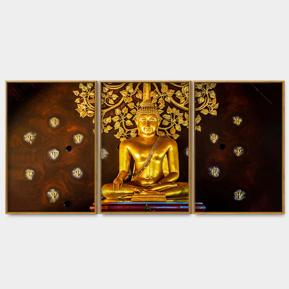 Spiritual Golden Gautam Buddha Floating Canvas Wall Painting Set of Three - Image 4