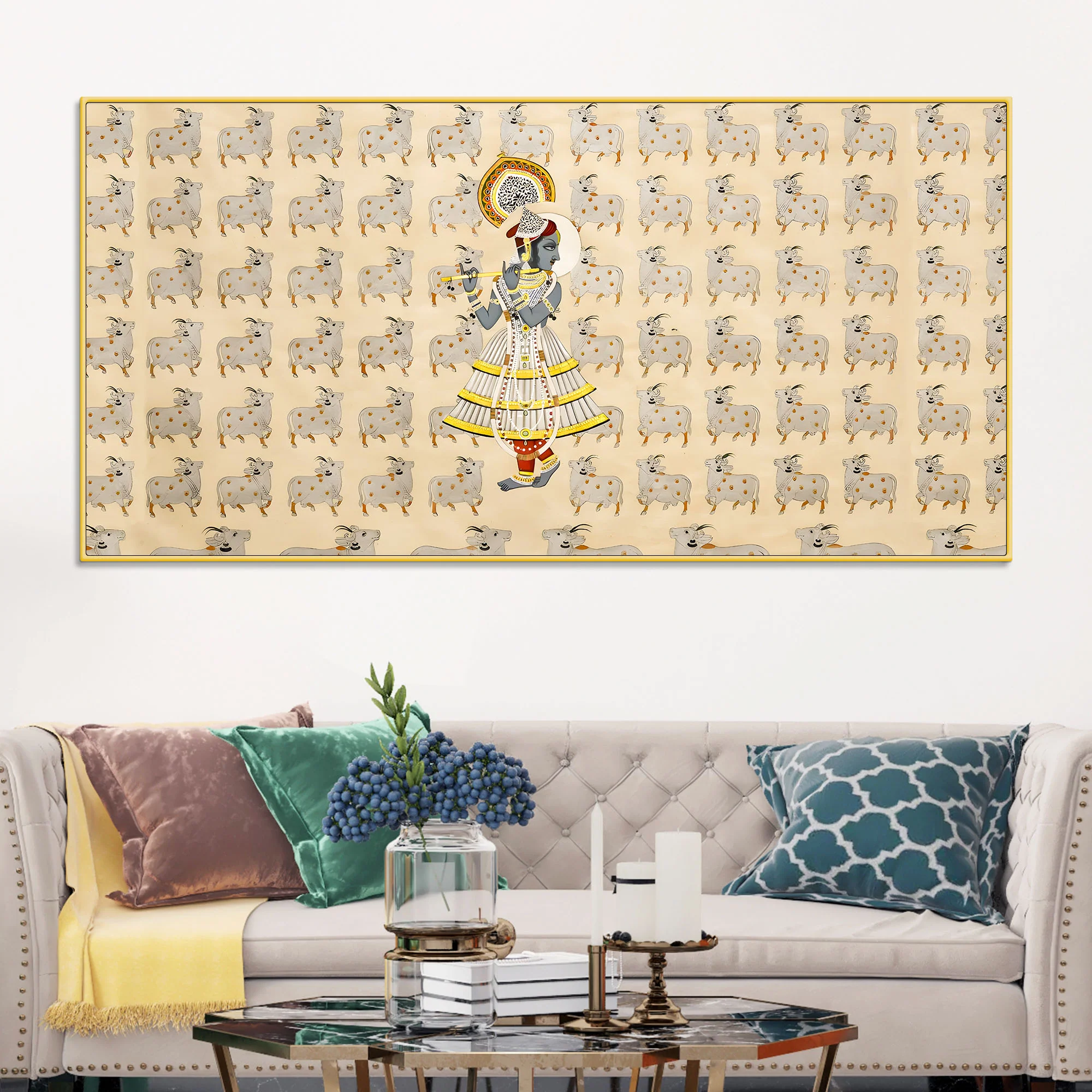 Spiritual Krishna & Gau Mata Pichwai Canvas Wall Painting – Divine Wall Decor - Image 2