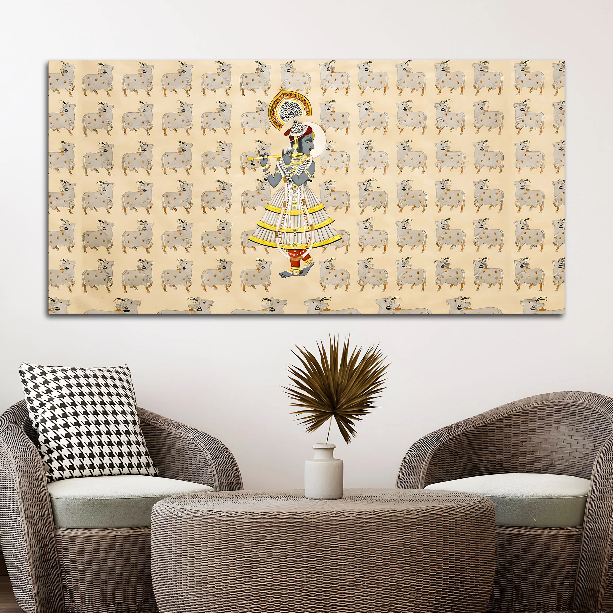 Spiritual Krishna & Gau Mata Pichwai Canvas Wall Painting – Divine Wall Decor - Image 3