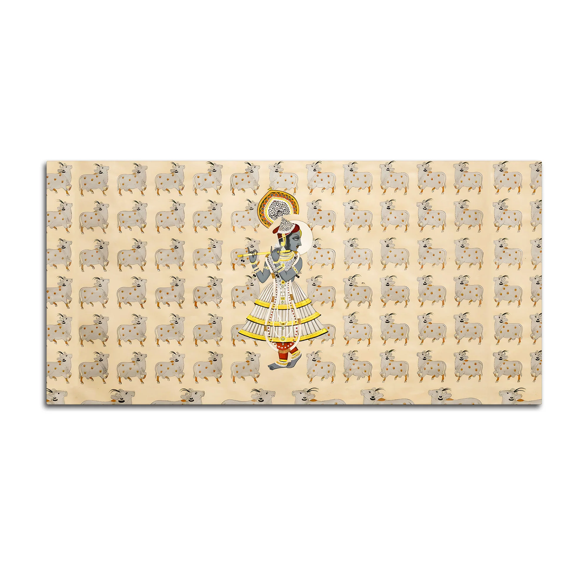 Spiritual Krishna & Gau Mata Pichwai Canvas Wall Painting – Divine Wall Decor - Image 4