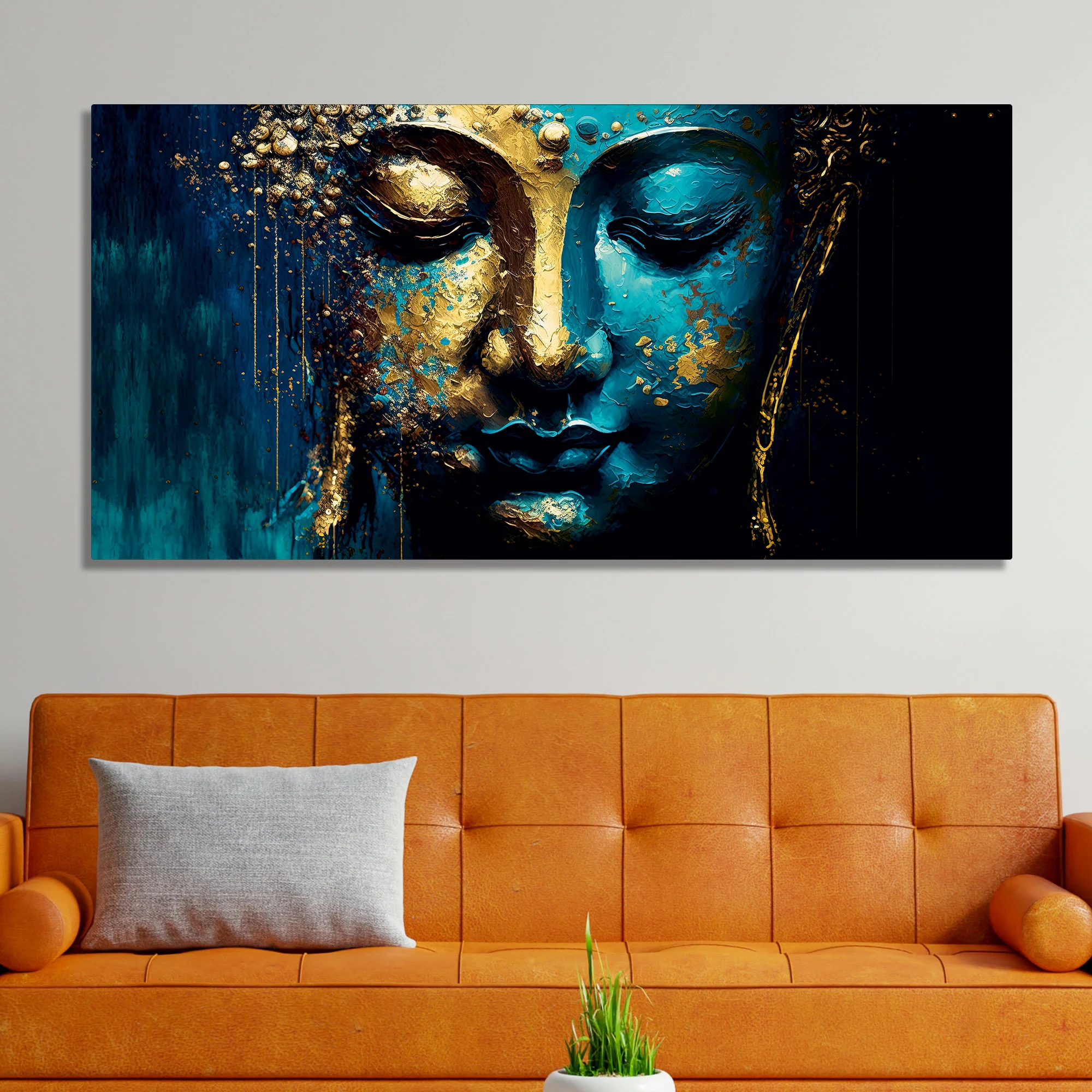 Spiritual Lord Budha face in Golden Canvas Touch Wall Painting - Image 3