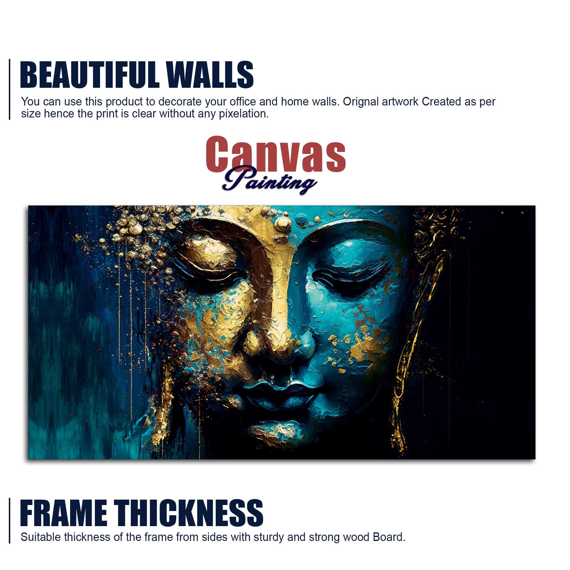 Spiritual Lord Budha face in Golden Canvas Touch Wall Painting - Image 6