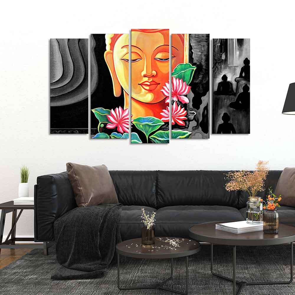 Spiritual Lord Gautam Buddha Wall Painting Set of Five Pieces - Image 2