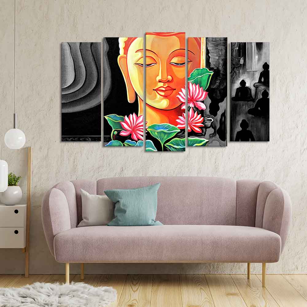 Spiritual Lord Gautam Buddha Wall Painting Set of Five Pieces - Image 3