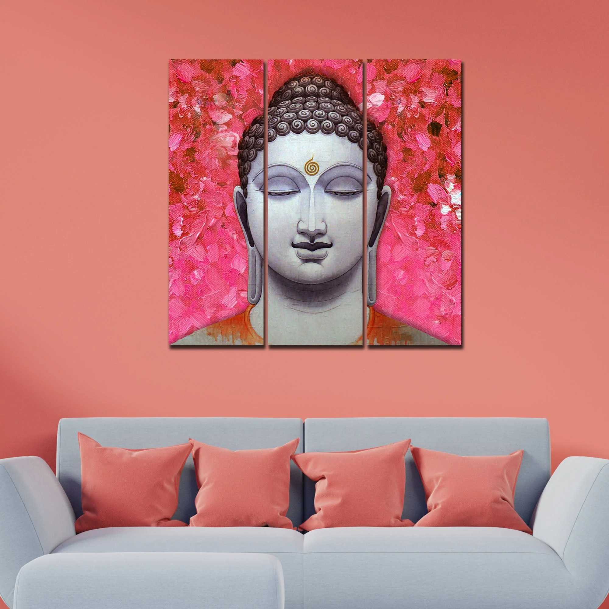 Spiritual Lord Gautam Buddha Wall Painting Three Pieces - Image 3