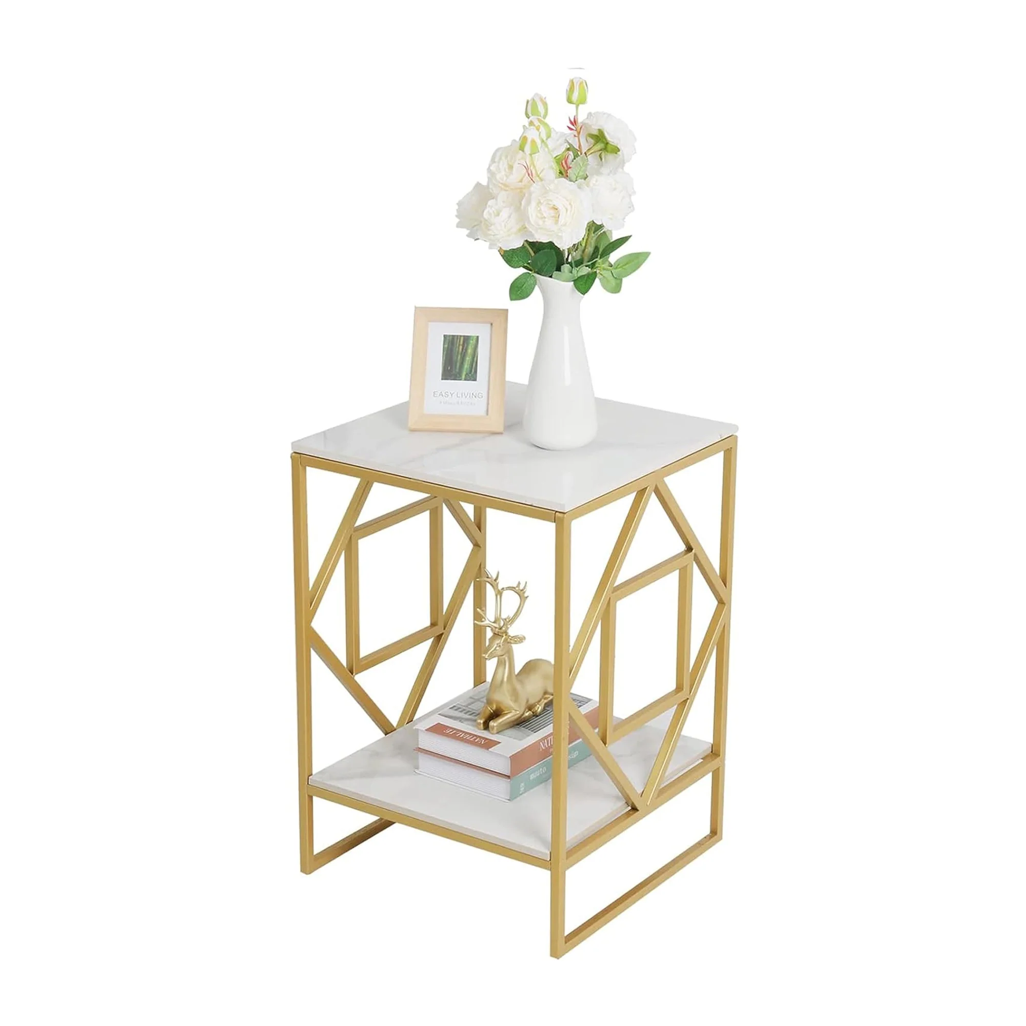 Square Geometric Rhombus Frame End Side Table with Golden Metal Finish - Image 5
