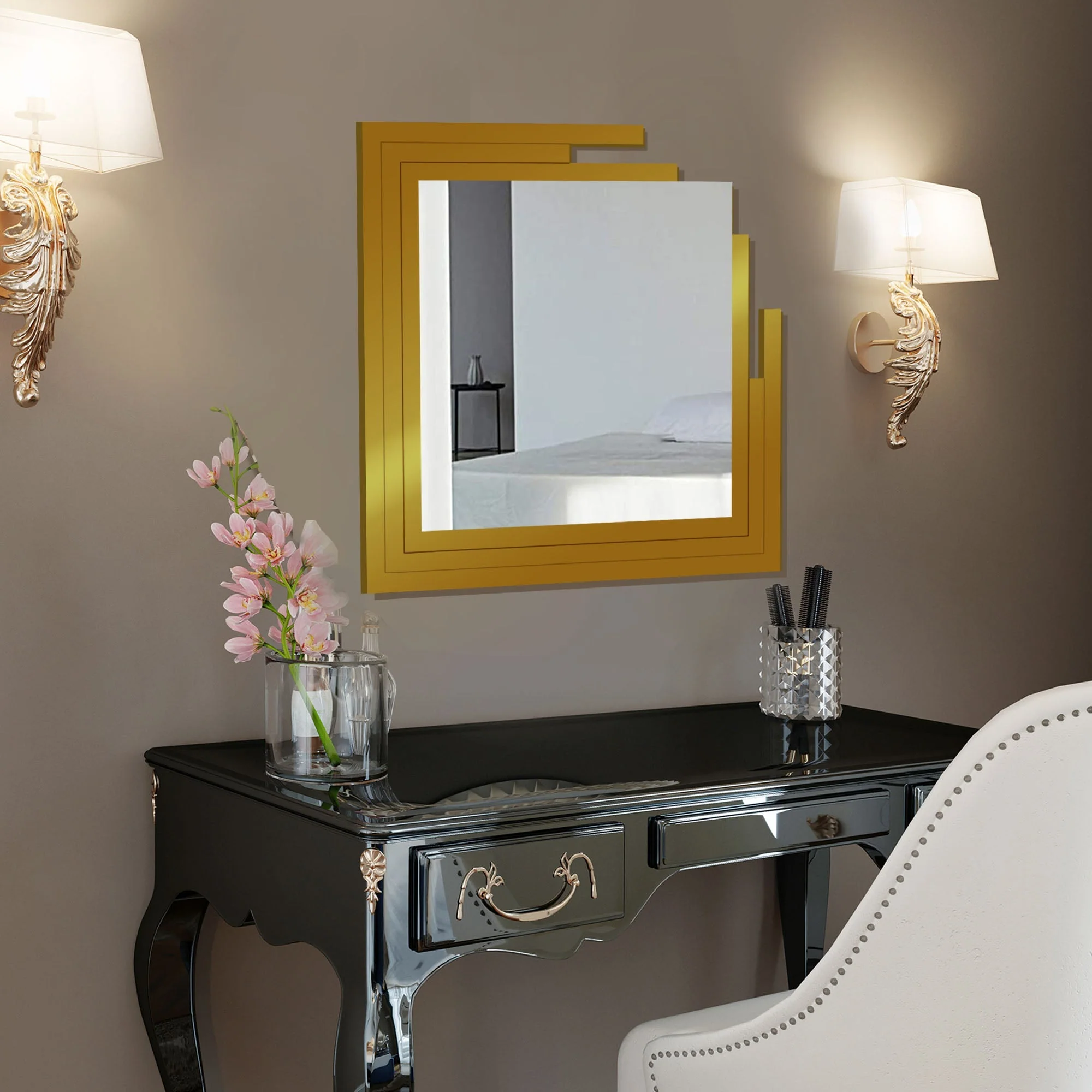 Square Shape Unique Design Wooden Wall Mirror With Gold Texture - Image 2