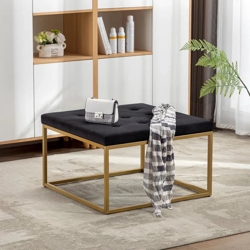 Square Shaped Black Velvet Ottoman with Golden Metal Finish - Image 2