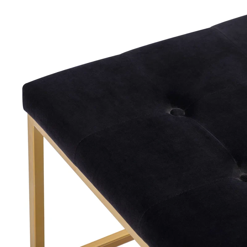 Square Shaped Black Velvet Ottoman with Golden Metal Finish - Image 3